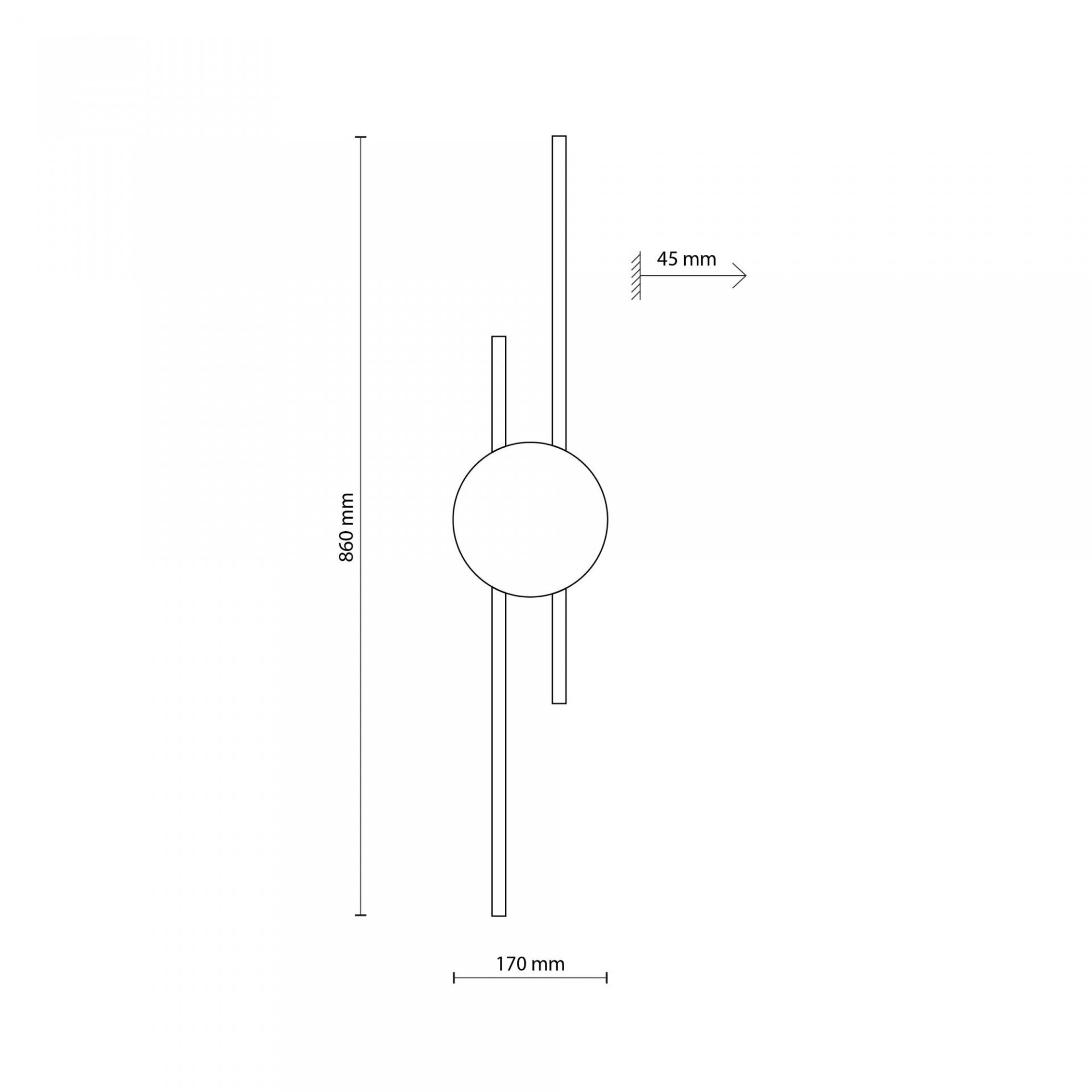Schematyczny rysunek kinkietu LED z wymiarami: wysokość 860 mm, szerokość 170 mm, głębokość 45 mm. Centralny okrągły element z dwoma pionowymi liniami po bokach.