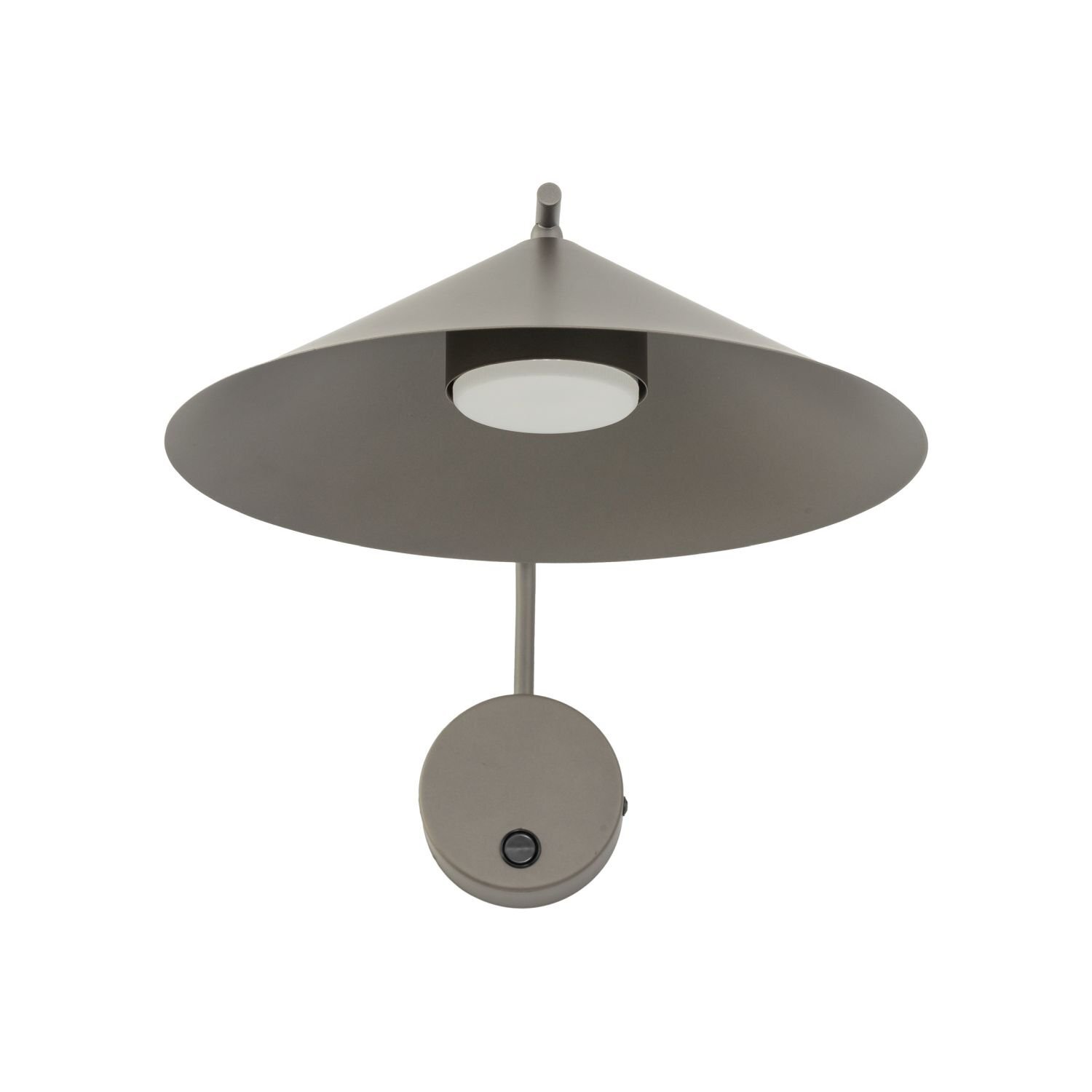 Brązowy kinkiet ścienny z szerokim, stożkowym kloszem i okrągłą podstawą z włącznikiem. Lampa posiada nowoczesny design i jest przeznaczona do montażu na ścianie.