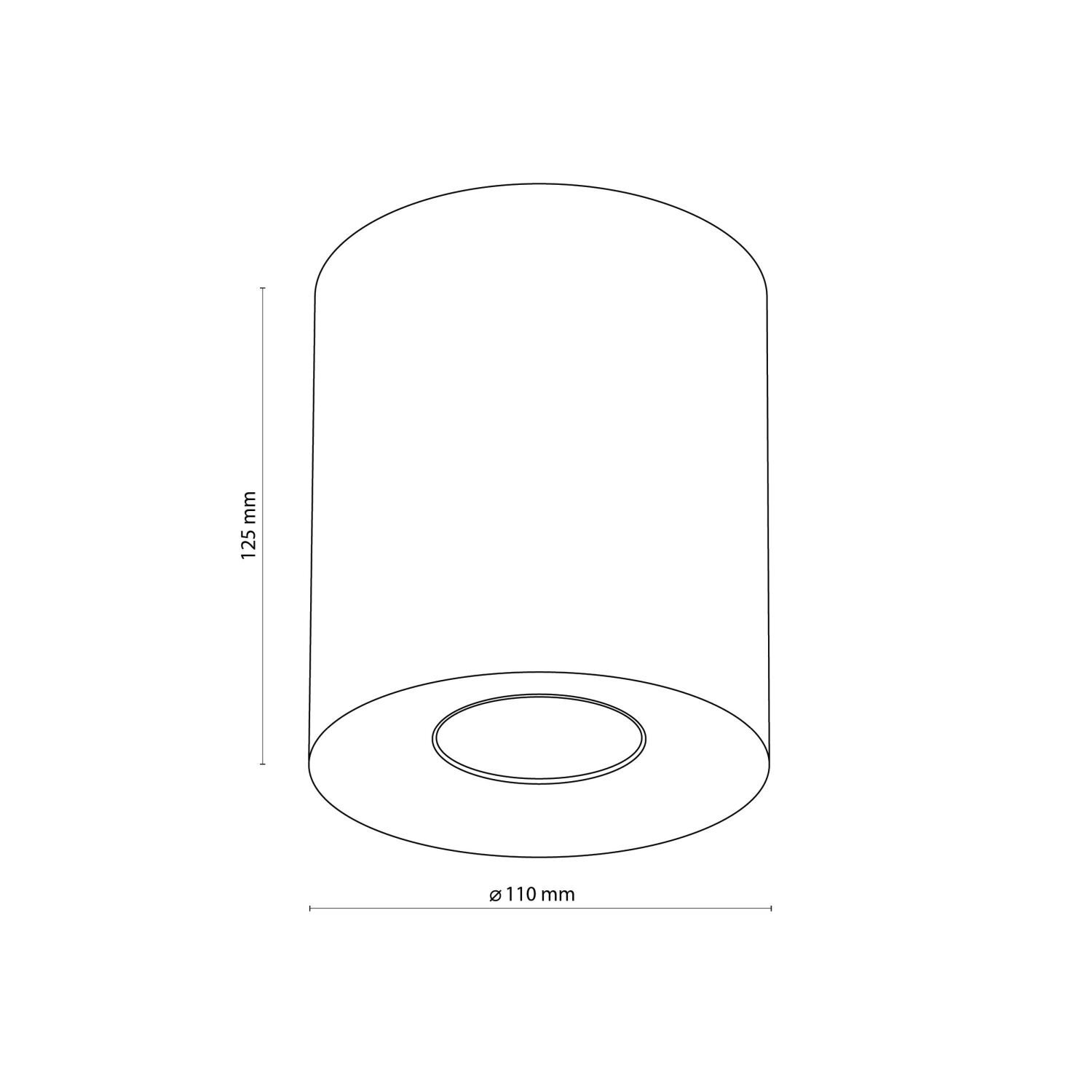 Schematyczny rysunek przedstawia cylindryczny spot natynkowy o wysokości 125 mm i średnicy 110 mm. Widoczny jest okrągły otwór na żarówkę na dolnej powierzchni.