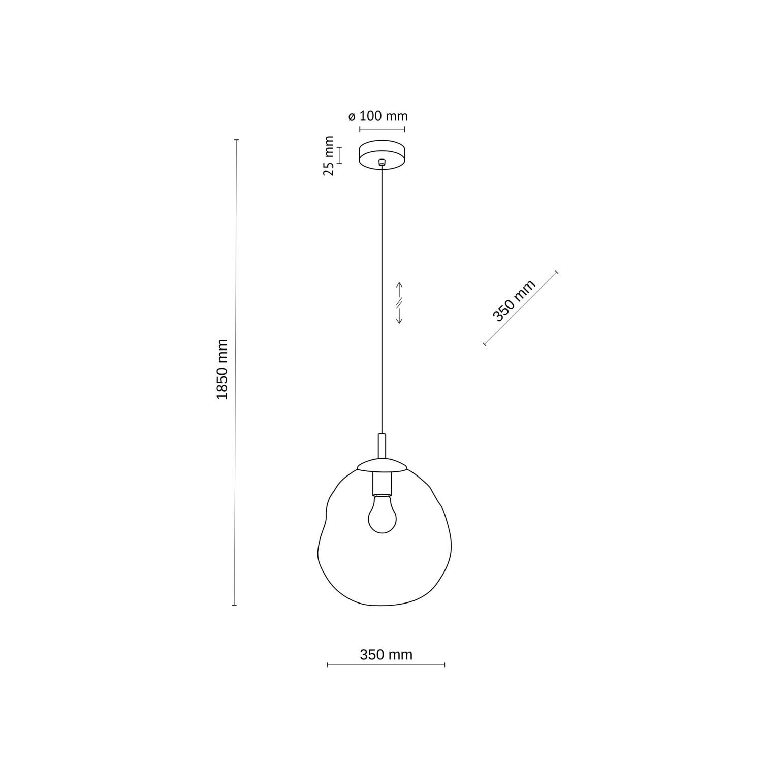 Schematyczny rysunek lampy wiszącej z bursztynowym kloszem, z oznaczeniami wymiarów: wysokość 1850 mm, średnica klosza 350 mm, średnica mocowania 100 mm, wysokość mocowania 25 mm. Widoczna jest również regulacja wysokości kabla.