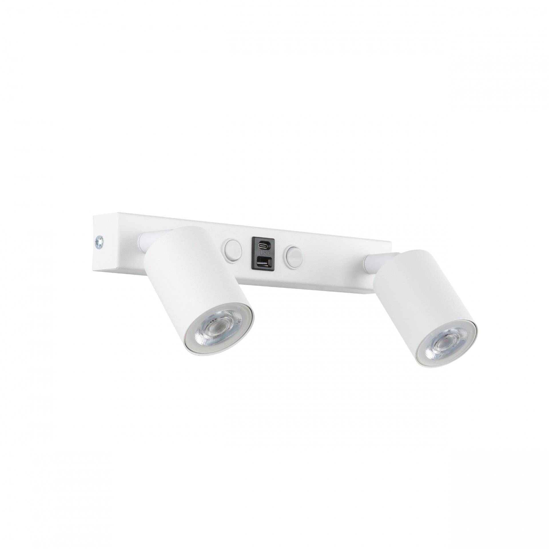 Biały kinkiet z dwoma regulowanymi reflektorami LED, wyposażony w porty USB A i C oraz włącznik. Produkt ma prostokątną podstawę z dwoma okrągłymi reflektorami na końcach.