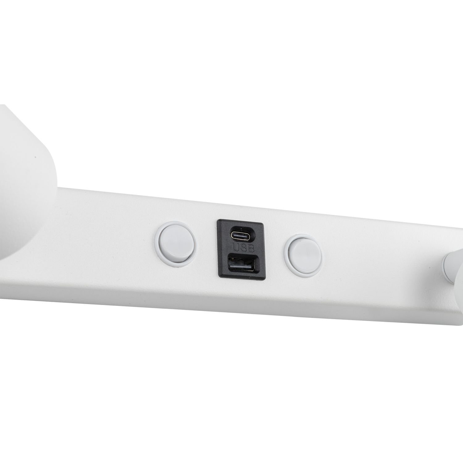 Biały kinkiet z dwoma okrągłymi przyciskami i portem USB typu A i C na prostokątnej podstawie. Elementy są umieszczone na białym tle.