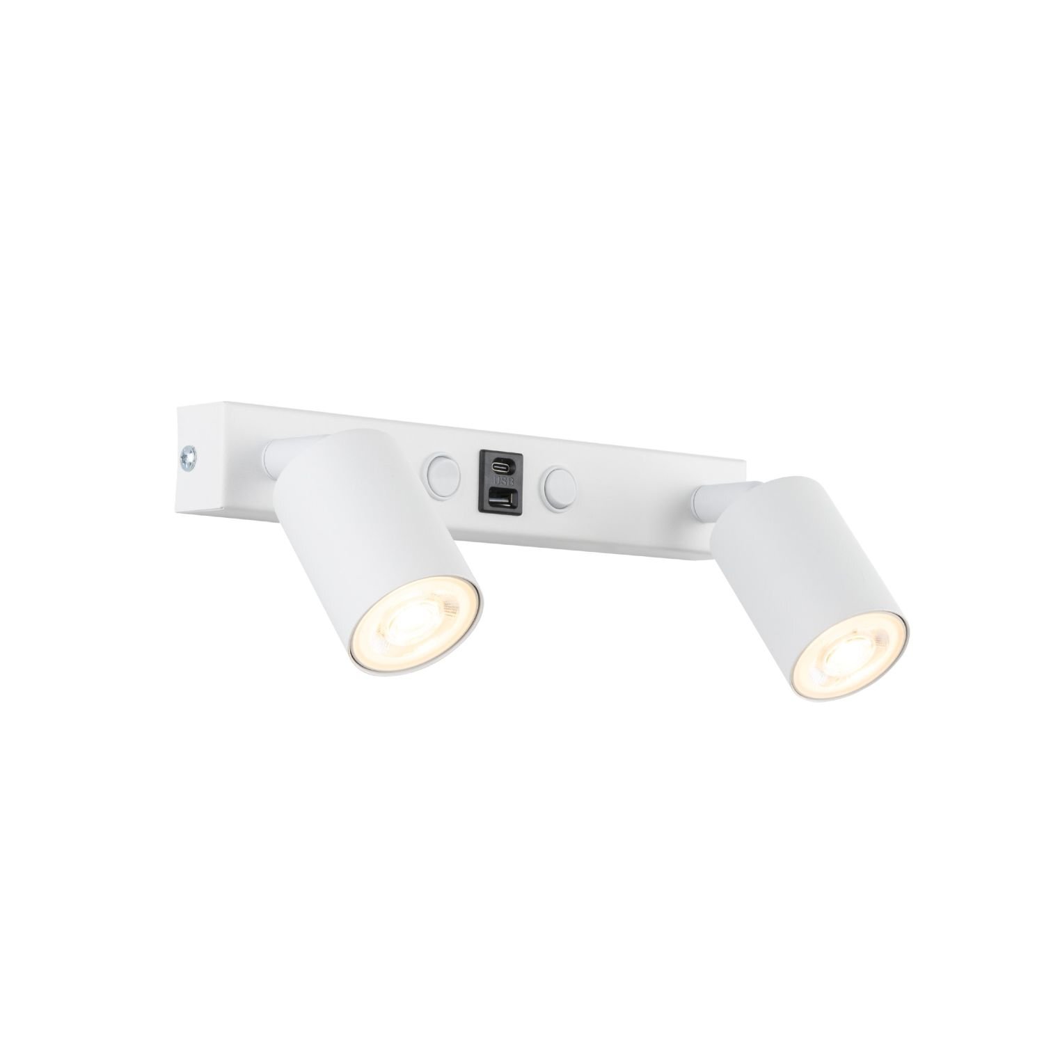 Biały kinkiet z dwoma regulowanymi reflektorami LED, wyposażony w porty USB A i C oraz włącznik. Korpus kinkietu jest prostokątny, a reflektory mają cylindryczny kształt.