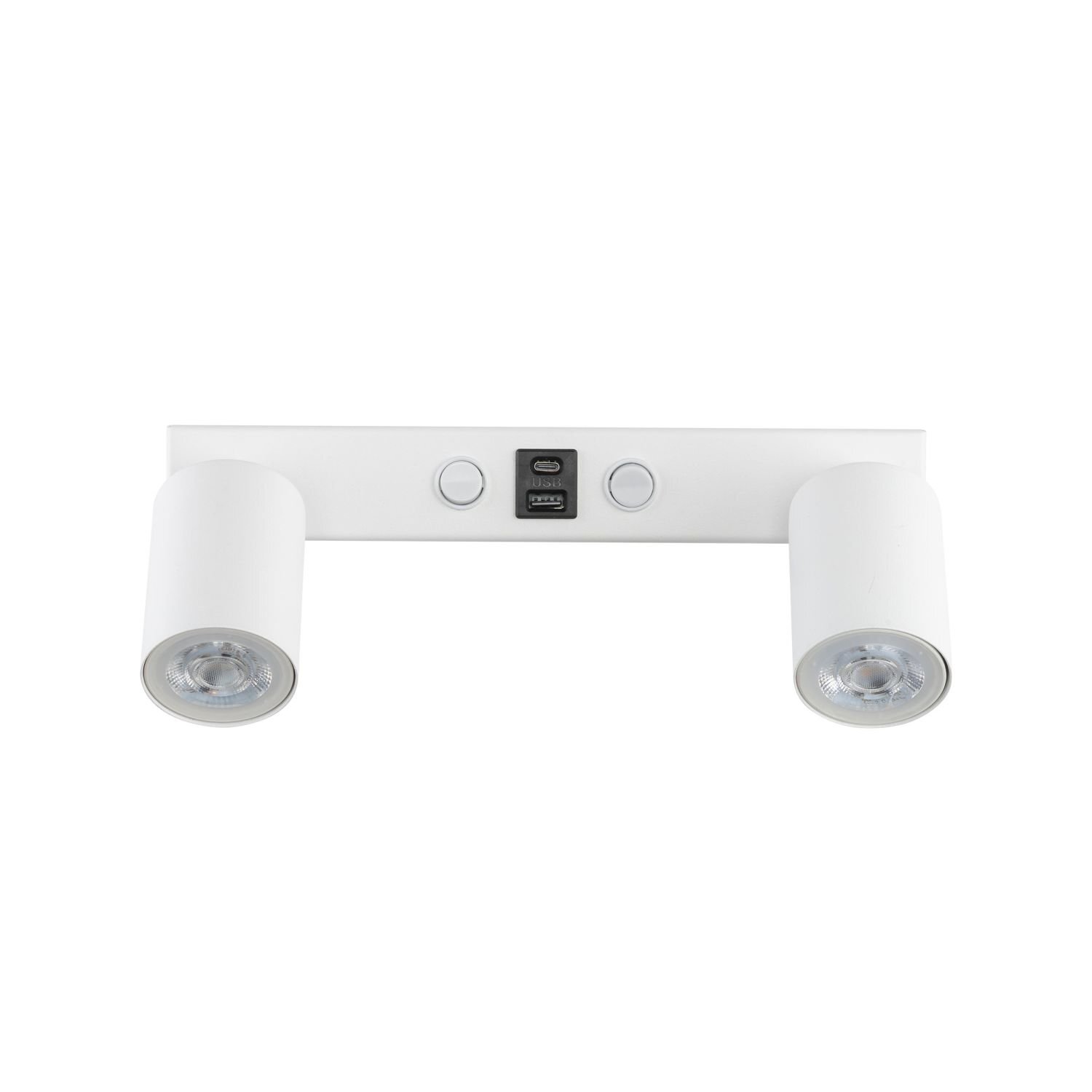 Biały kinkiet z dwoma regulowanymi reflektorami LED, wyposażony w porty USB A i C oraz włącznik. Na środku znajduje się czarny panel z portami USB i dwoma okrągłymi przyciskami.