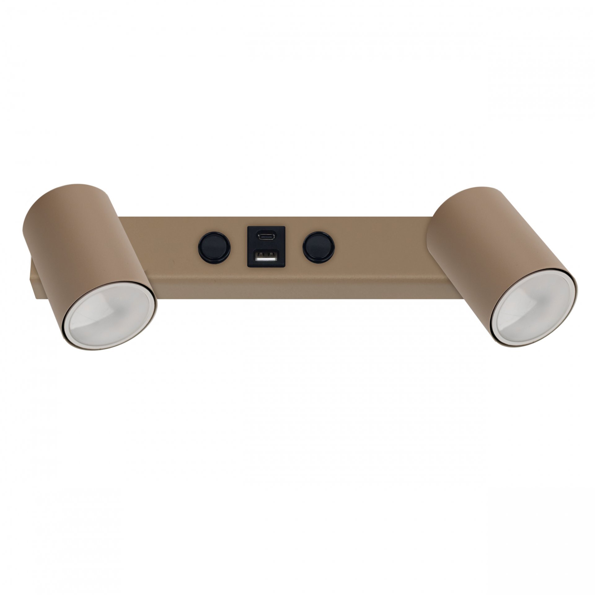 Beżowy kinkiet z dwoma regulowanymi reflektorami i wbudowanymi portami USB A/C oraz włącznikiem. Reflektory mają cylindryczny kształt i są zamontowane na prostokątnej podstawie.