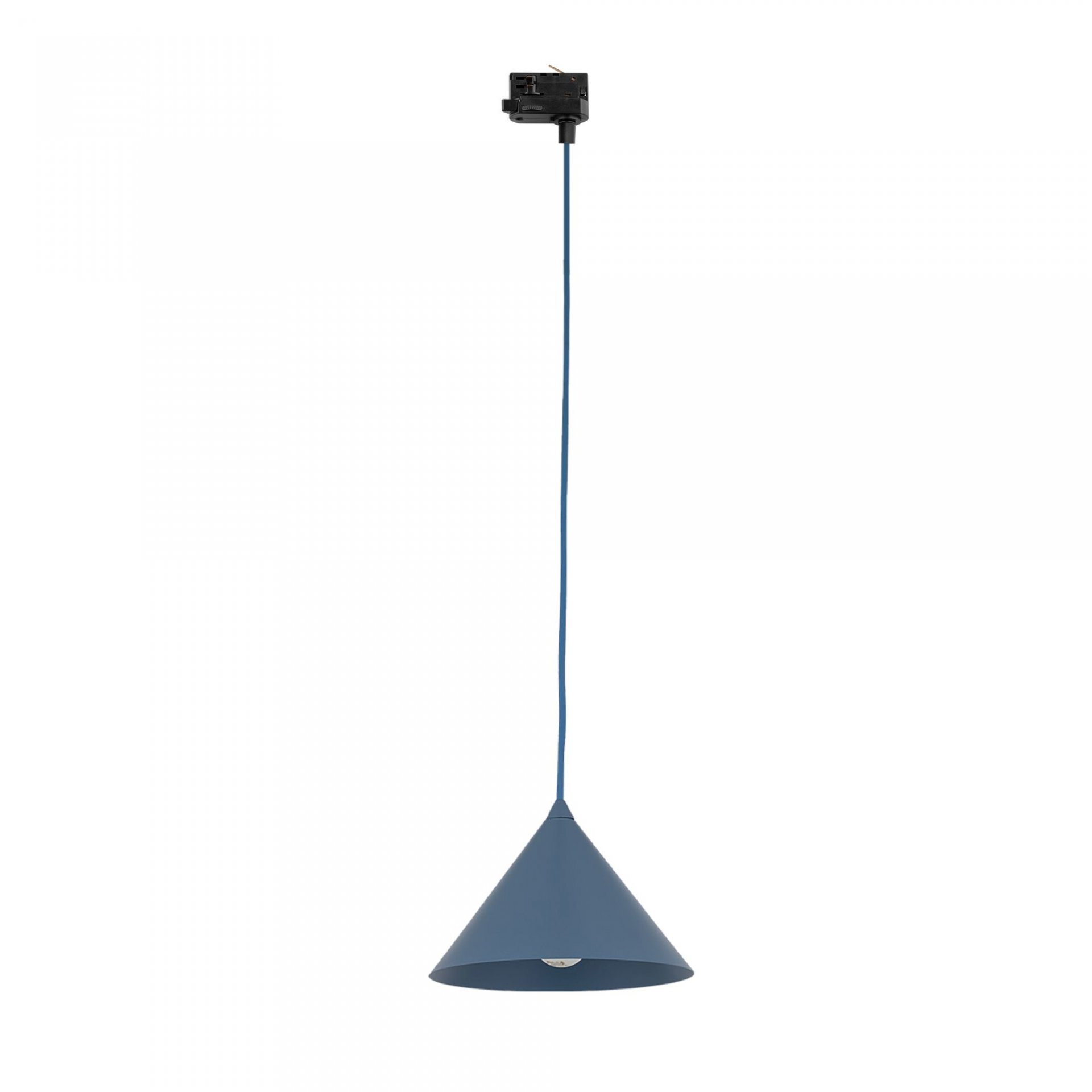 Na obrazie widoczna jest niebieska lampa wisząca o stożkowym kształcie, zawieszona na długim przewodzie. Lampa posiada oprawkę na żarówkę i jest przymocowana do czarnego elementu montażowego.