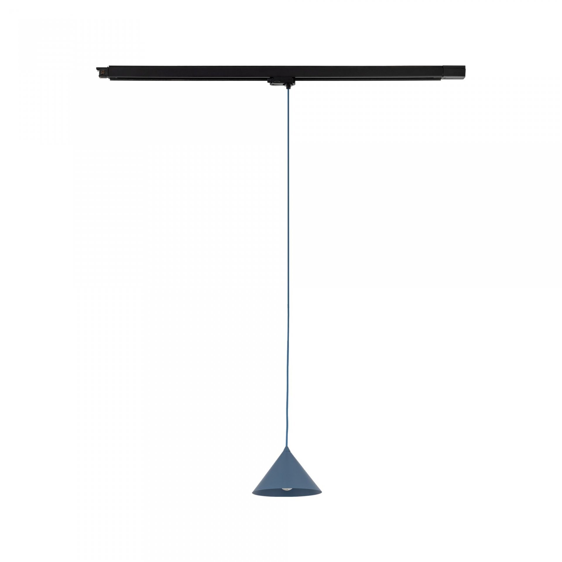 Na obrazie widoczna jest niebieska lampa wisząca z metalowym kloszem w kształcie stożka, zawieszona na czarnym szynowym uchwycie. Lampa posiada regulowaną wysokość i jest wykonana ze stali lakierowanej.