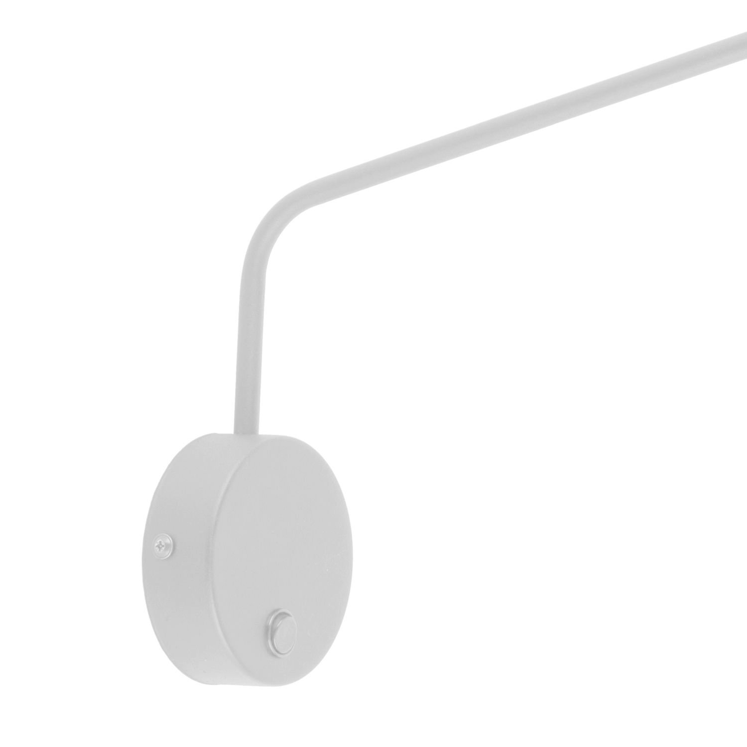 Biały kinkiet na wysięgniku z okrągłą podstawą i włącznikiem. Produkt ma nowoczesny design i jest przeznaczony do montażu na ścianie.