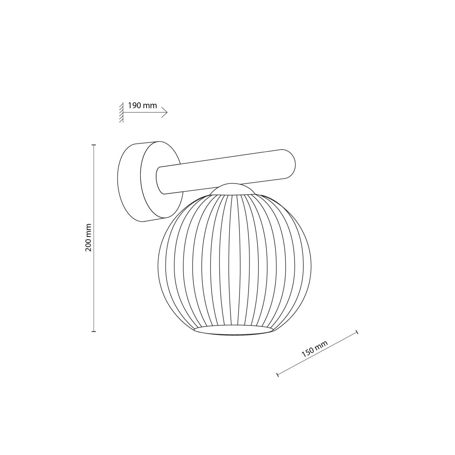 Schematyczny rysunek kinkietu ściennego z wymiarami: 200 mm wysokości, 190 mm głębokości i 150 mm szerokości. Kinkiet ma okrągły klosz z pionowymi liniami i prostokątny uchwyt montażowy.