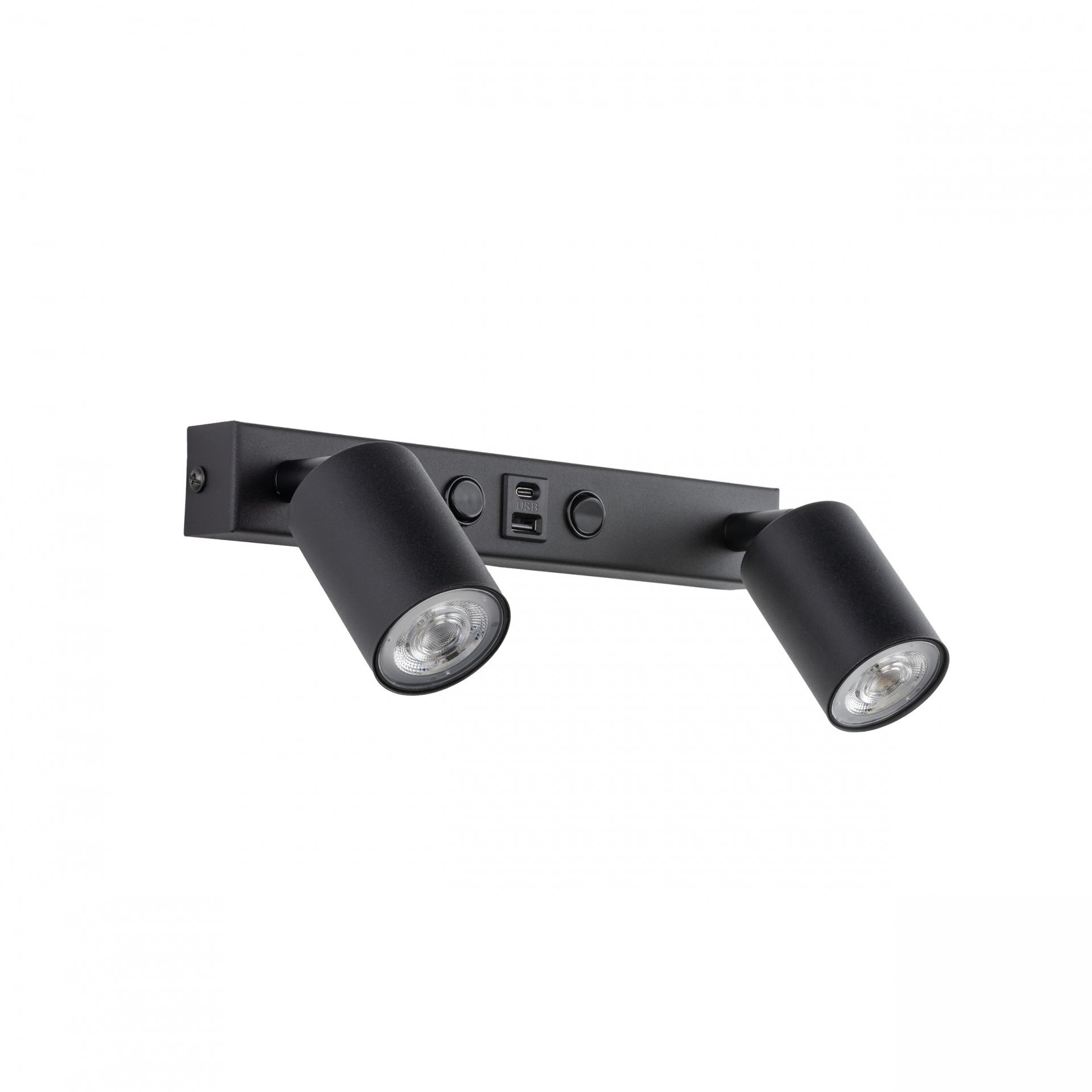Czarny kinkiet z dwoma reflektorami GU10, wyposażony w porty USB-A i USB-C oraz włącznik. Produkt ma prostokątną podstawę i cylindryczne reflektory.
