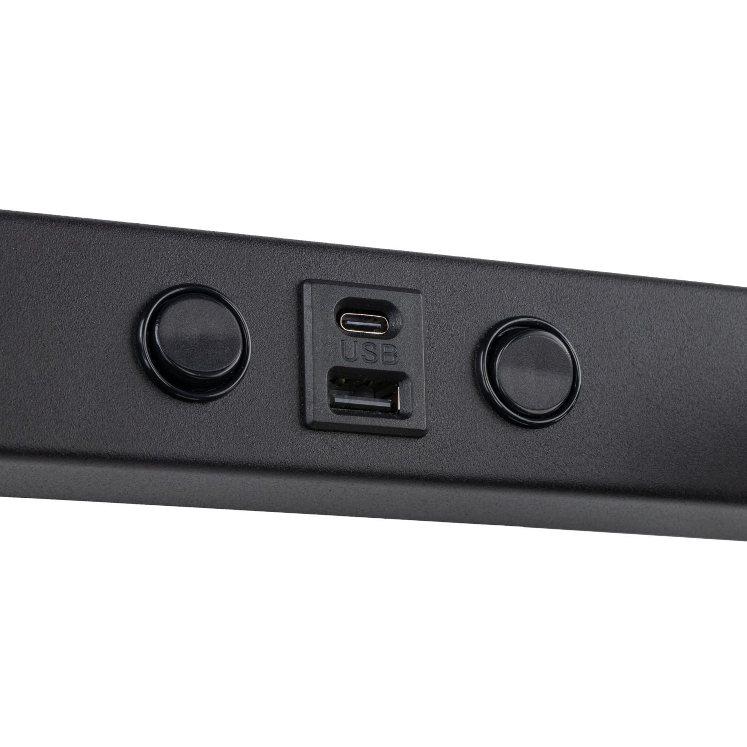 Czarny panel z dwoma okrągłymi przyciskami i dwoma portami USB (USB-A i USB-C) pomiędzy nimi. Nad portami widoczny jest napis \'USB\'.