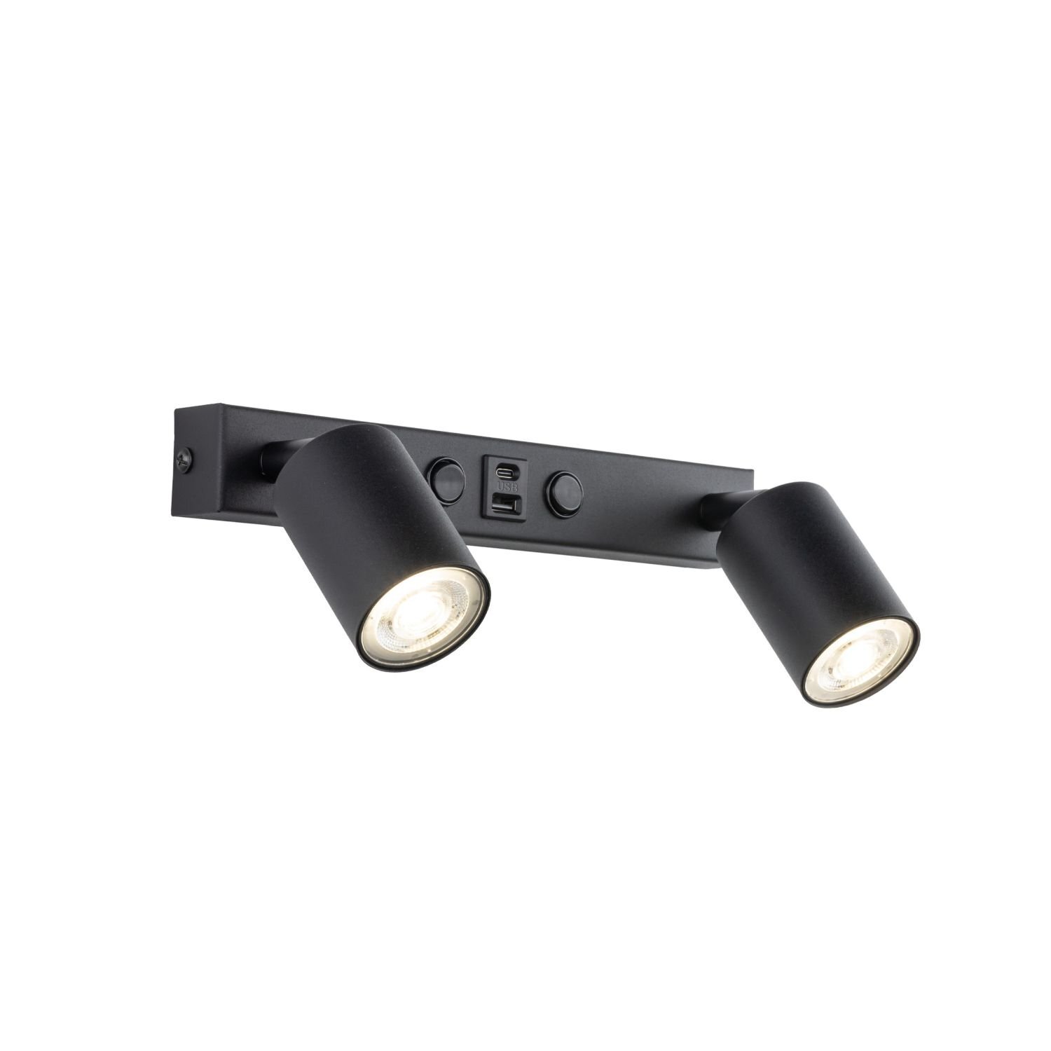 Czarny kinkiet z dwoma reflektorami, wyposażony w porty USB-A i USB-C oraz włącznik. Reflektory są zamontowane na prostokątnej podstawie.