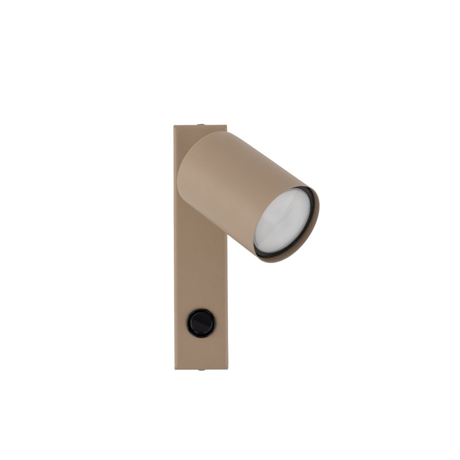 Beżowy kinkiet z cylindrycznym reflektorem i włącznikiem na prostokątnej podstawie. Reflektor jest skierowany w bok, a całość ma minimalistyczny design.