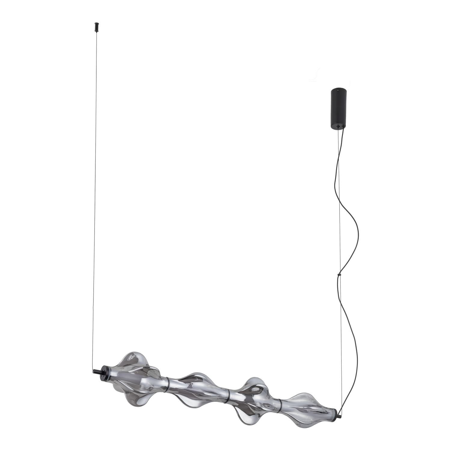 Lampa wisząca LED o nowoczesnym designie, z czarnym cylindrycznym elementem mocującym i przezroczystymi, falistymi kloszami. Posiada regulację wysokości za pomocą cienkich linek.