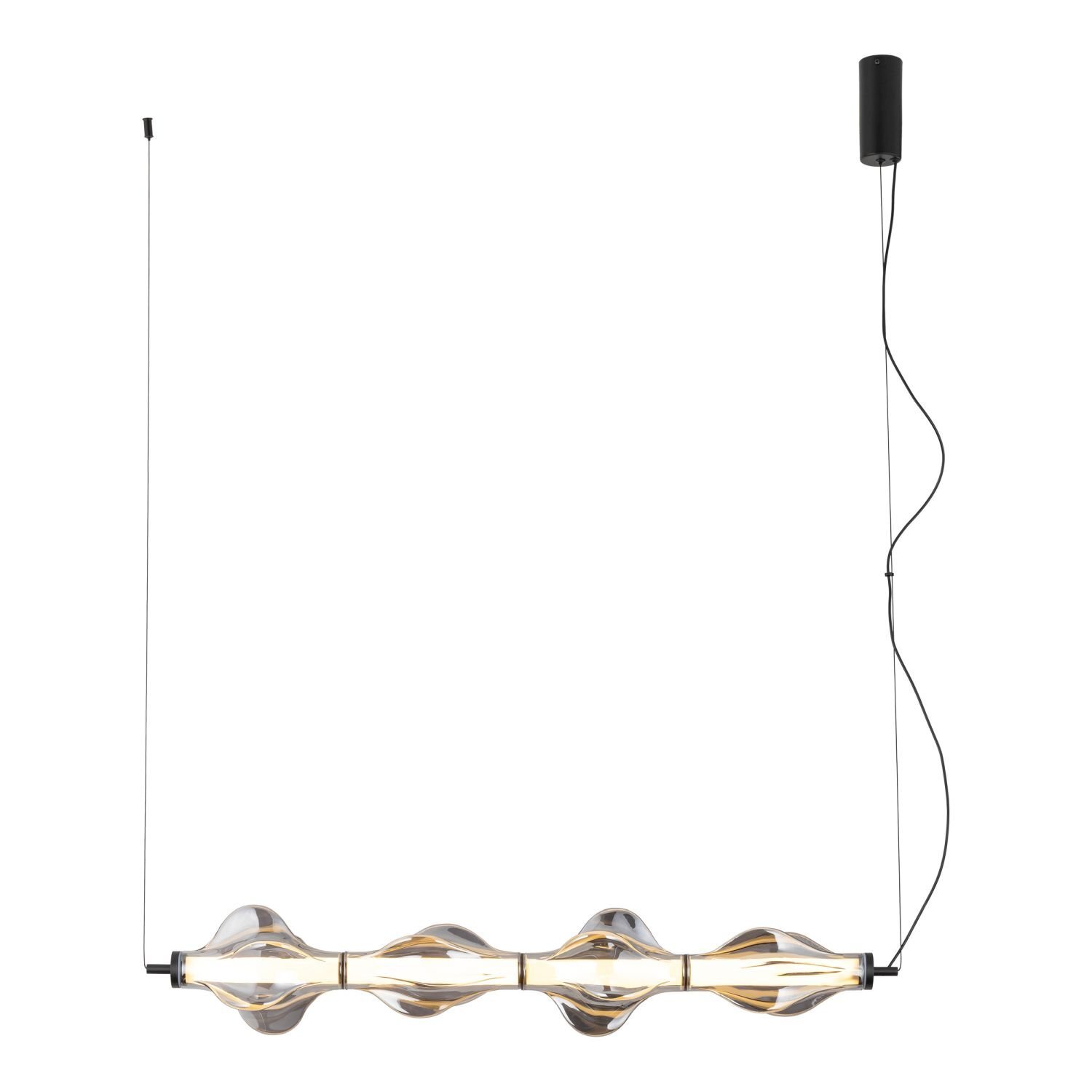 Lampa wisząca LED z czarnym wykończeniem, posiadająca falisty klosz i regulację wysokości. Przewody są widoczne, a całość ma nowoczesny design.