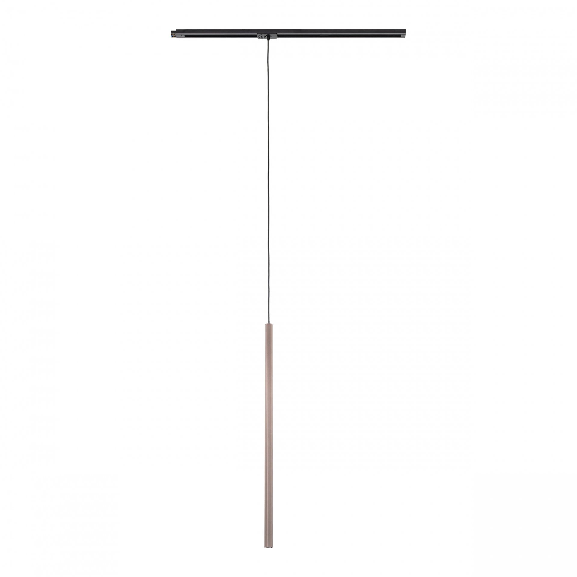 Lampa wisząca szynowa z czarnym, poziomym elementem montażowym i długim, brązowym, pionowym kloszem. Lampa wykonana jest z metalu i posiada regulację długości do 225 cm.
