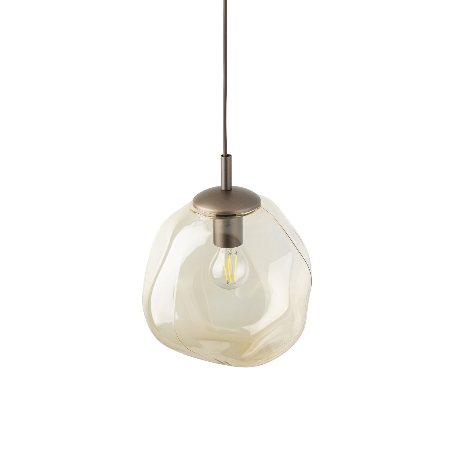 Lampa wisząca z przezroczystym, nieregularnym kloszem w kolorze brązowym, zawieszona na ciemnym przewodzie. Wewnątrz klosza widoczna jest żarówka typu E27.