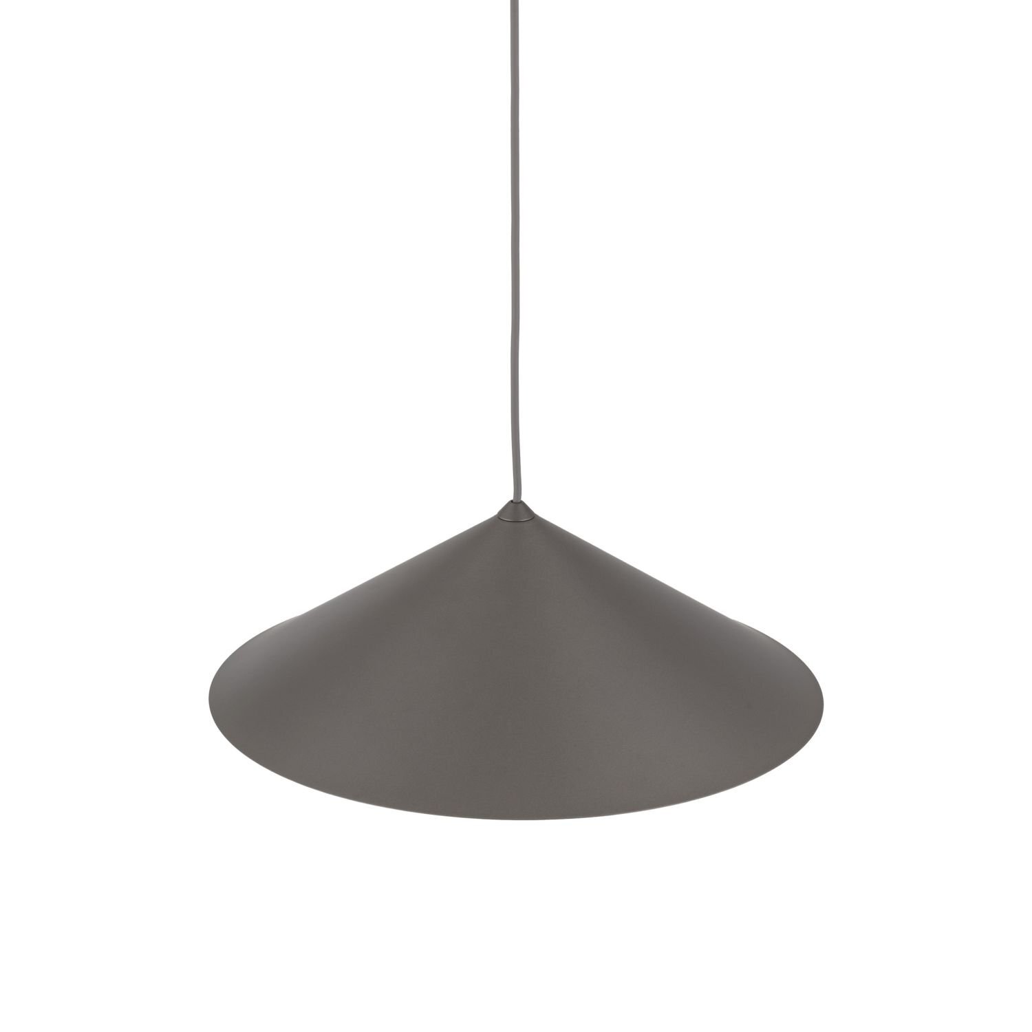 Brązowa lampa wisząca o stożkowym kształcie, wykonana z lakierowanej stali. Posiada przewód umożliwiający regulację wysokości.