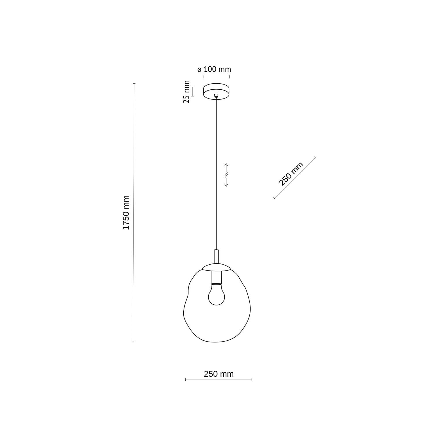 Schematyczny rysunek lampy wiszącej z wymiarami: wysokość regulowana do 1750 mm, średnica klosza 250 mm, średnica mocowania sufitowego 100 mm.