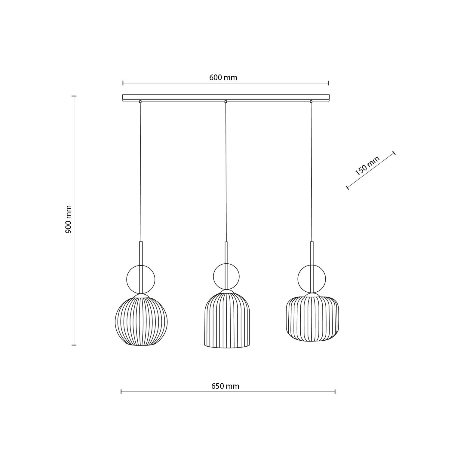 Schemat lampy wiszącej z trzema kloszami o wymiarach: szerokość 650 mm, wysokość 900 mm, długość listwy 600 mm, średnica klosza 150 mm. Klosze mają kształt kulisty z pionowymi liniami dekoracyjnymi.