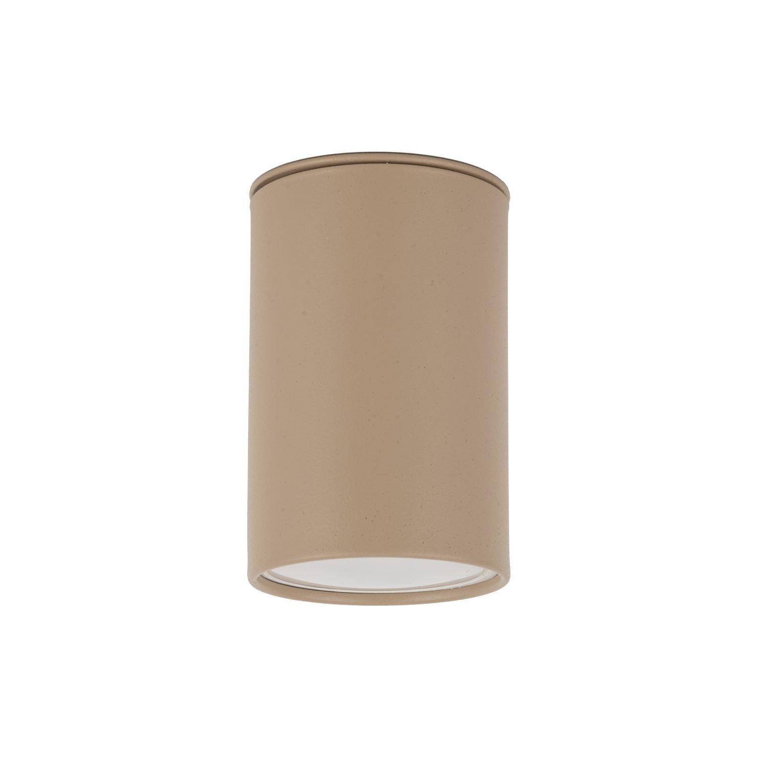 Beżowa, cylindryczna oprawa natynkowa wykonana z lakierowanej stali. Minimalistyczny design z widocznym otworem na żarówkę GU10.