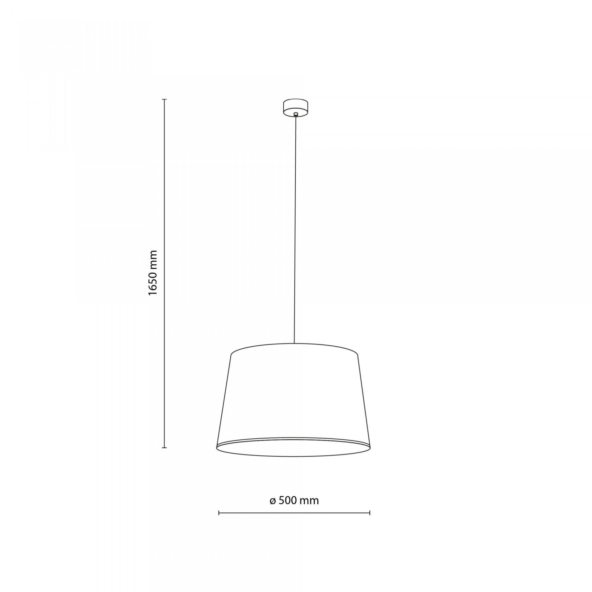 Schematyczny rysunek lampy wiszącej z kloszem o średnicy 500 mm i regulowanej wysokości do 1650 mm. Lampa jest zawieszona na cienkim przewodzie z mocowaniem sufitowym.