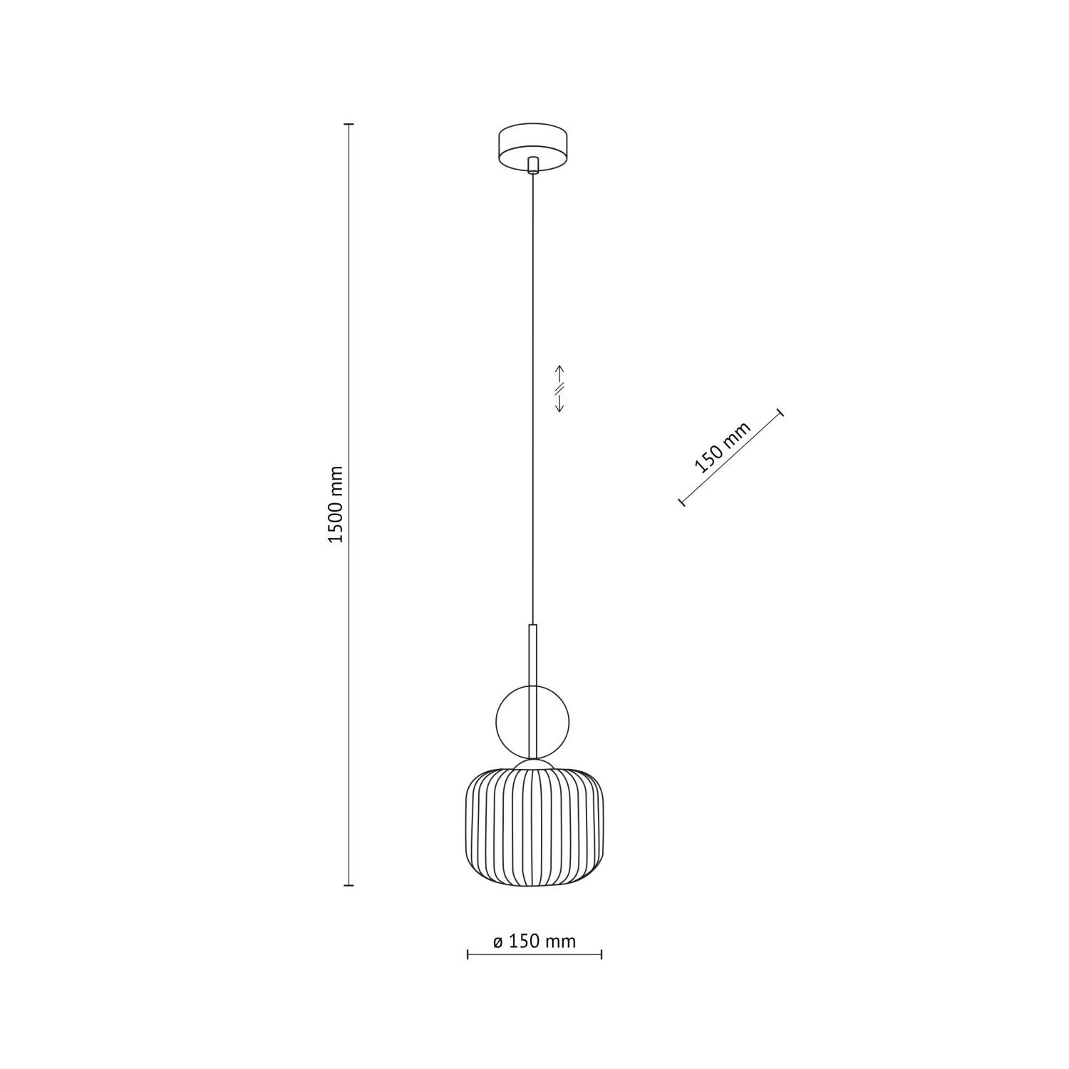Schematyczny rysunek lampy wiszącej z oznaczeniem wymiarów: wysokość regulowana do 1500 mm, średnica klosza 150 mm. Lampa ma kulisty klosz z pionowymi liniami i prosty przewód.