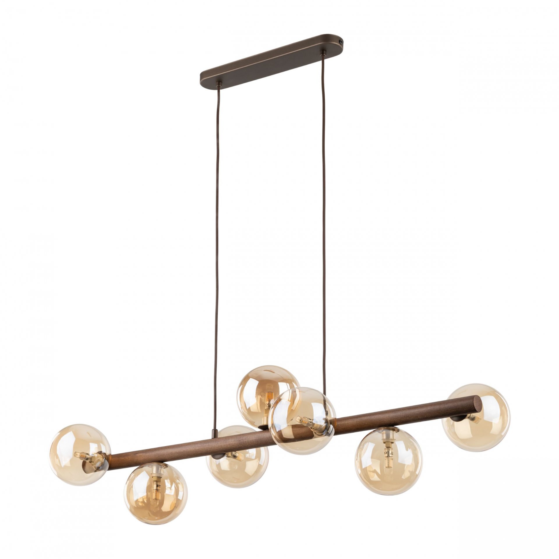 Lampa wisząca z siedmioma bursztynowymi kloszami w kształcie kul, zamontowana na metalowym stelażu z elementami drewnianymi. Całość utrzymana w stylu glamour, idealna do salonu lub jadalni.