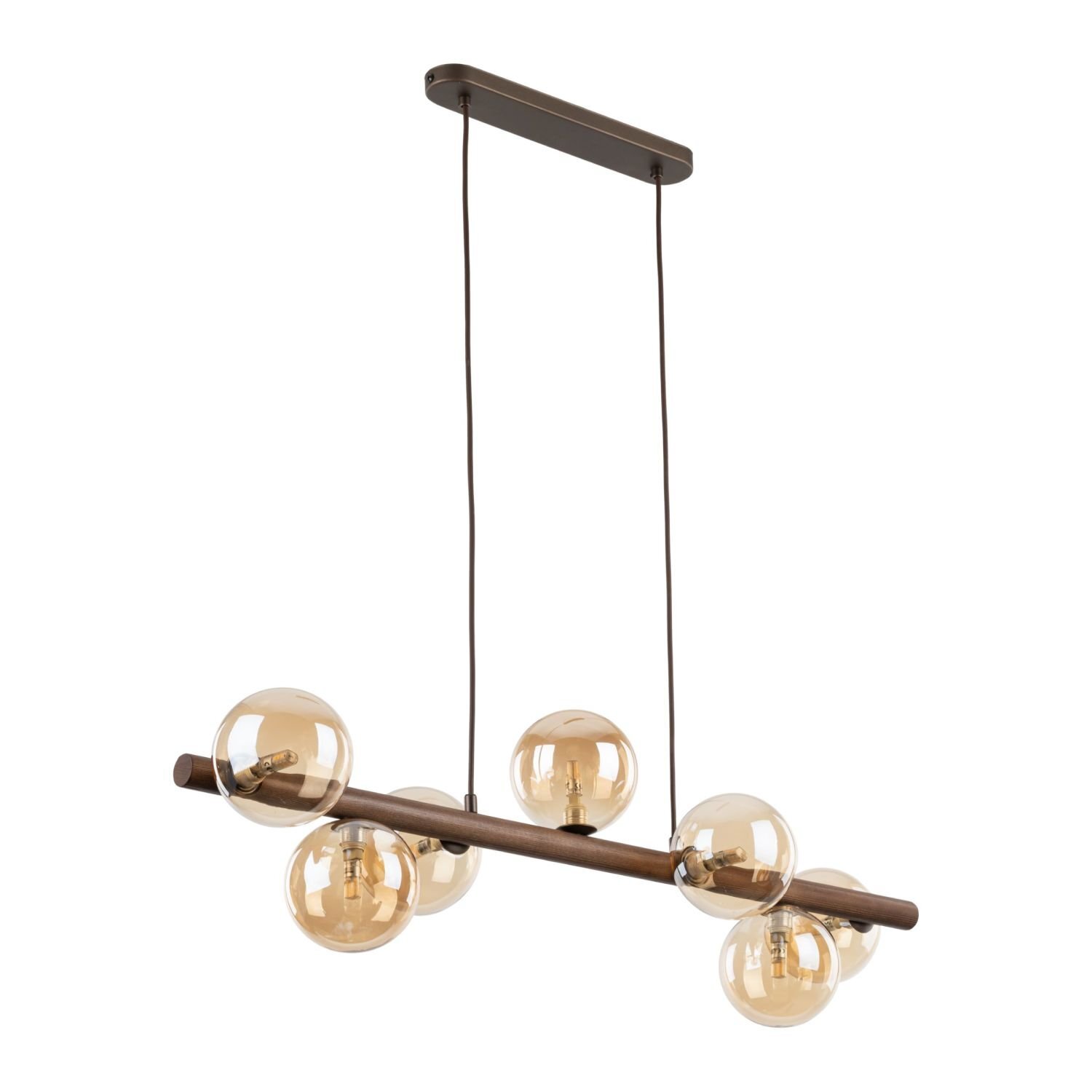 Lampa wisząca z siedmioma bursztynowymi kloszami w kształcie kul, zamocowana na metalowym pręcie z elementami drewnianymi. Całość zawieszona na dwóch cienkich przewodach przymocowanych do prostokątnej podsufitki.