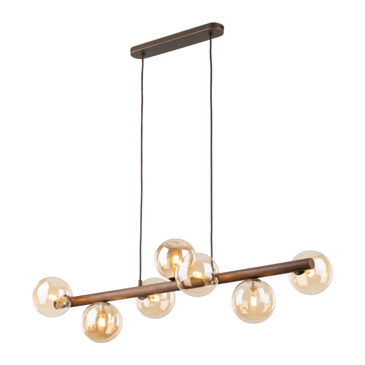 Lampa wisząca z siedmioma bursztynowymi szklanymi kloszami na metalowo-drewnianej konstrukcji. Klosze są rozmieszczone symetrycznie wokół poziomego pręta.