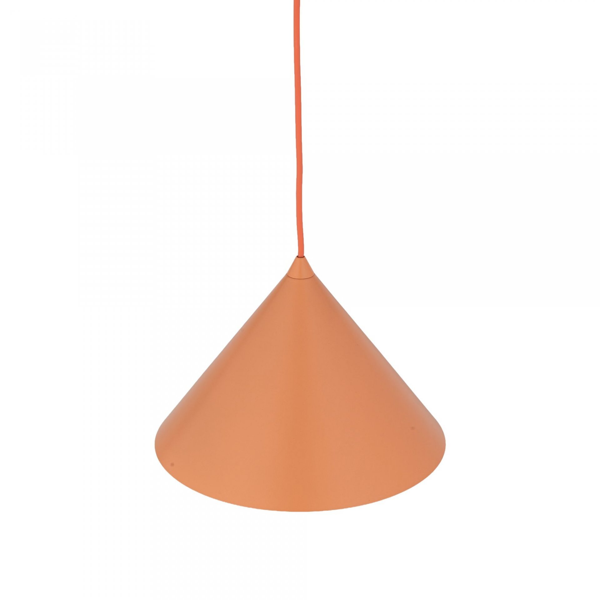 Pomarańczowa, metalowa lampa wisząca o stożkowym kształcie z regulowanym przewodem. Lampa ma gładką powierzchnię i jest przeznaczona do żarówek typu E27.