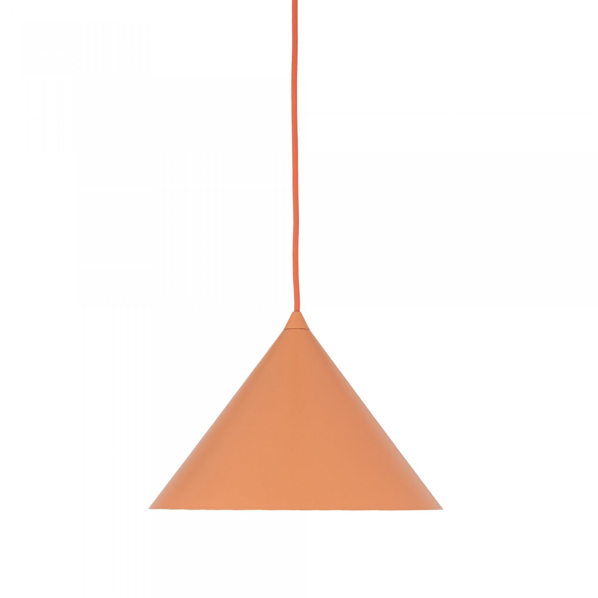 Pomarańczowa, metalowa lampa wisząca o stożkowym kształcie z regulowanym przewodem. Lampa jest przeznaczona do żarówek typu E27.