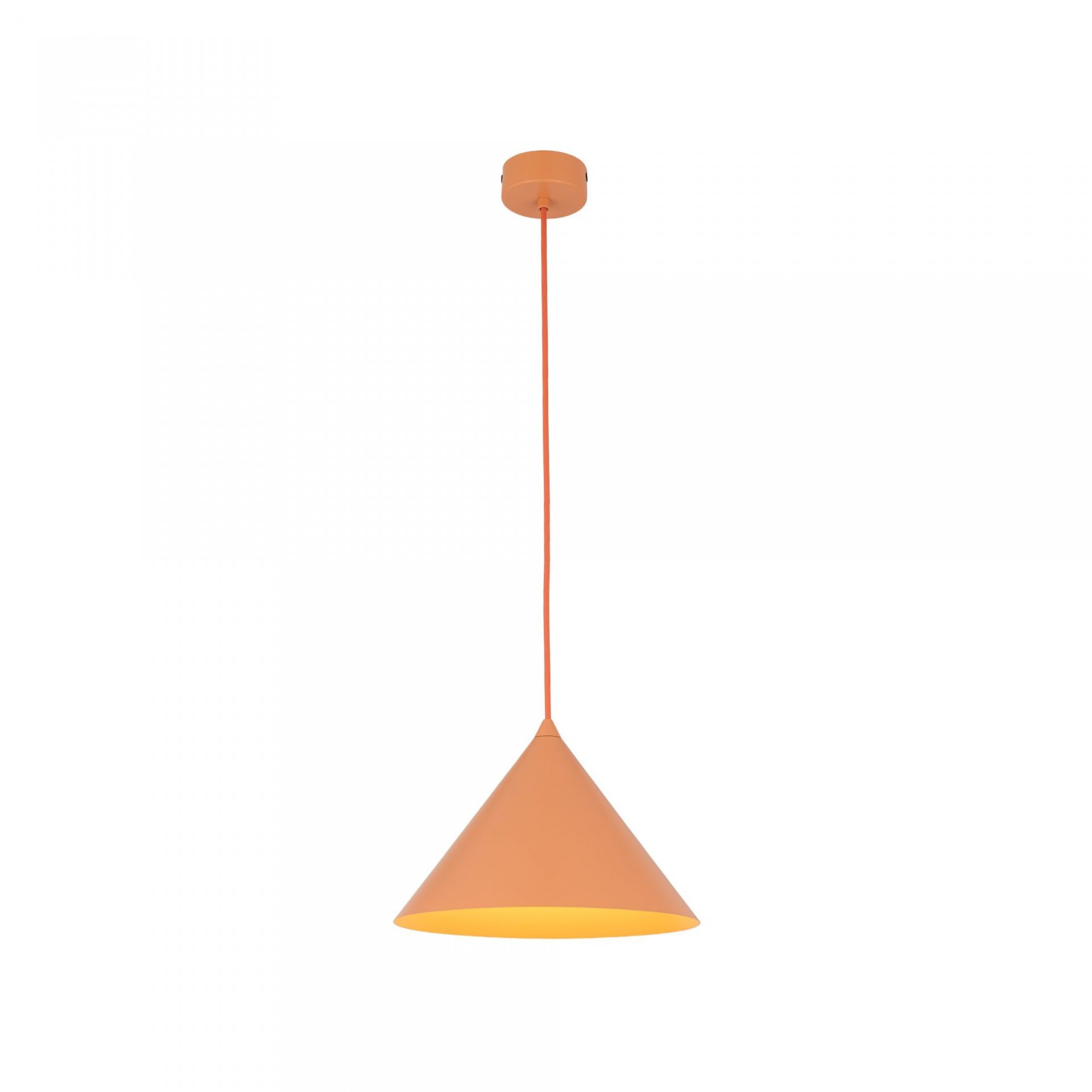 Pomarańczowa lampa wisząca o stożkowym kształcie z metalowym kloszem i regulowanym przewodem. Lampa jest przeznaczona do żarówek typu E27.
