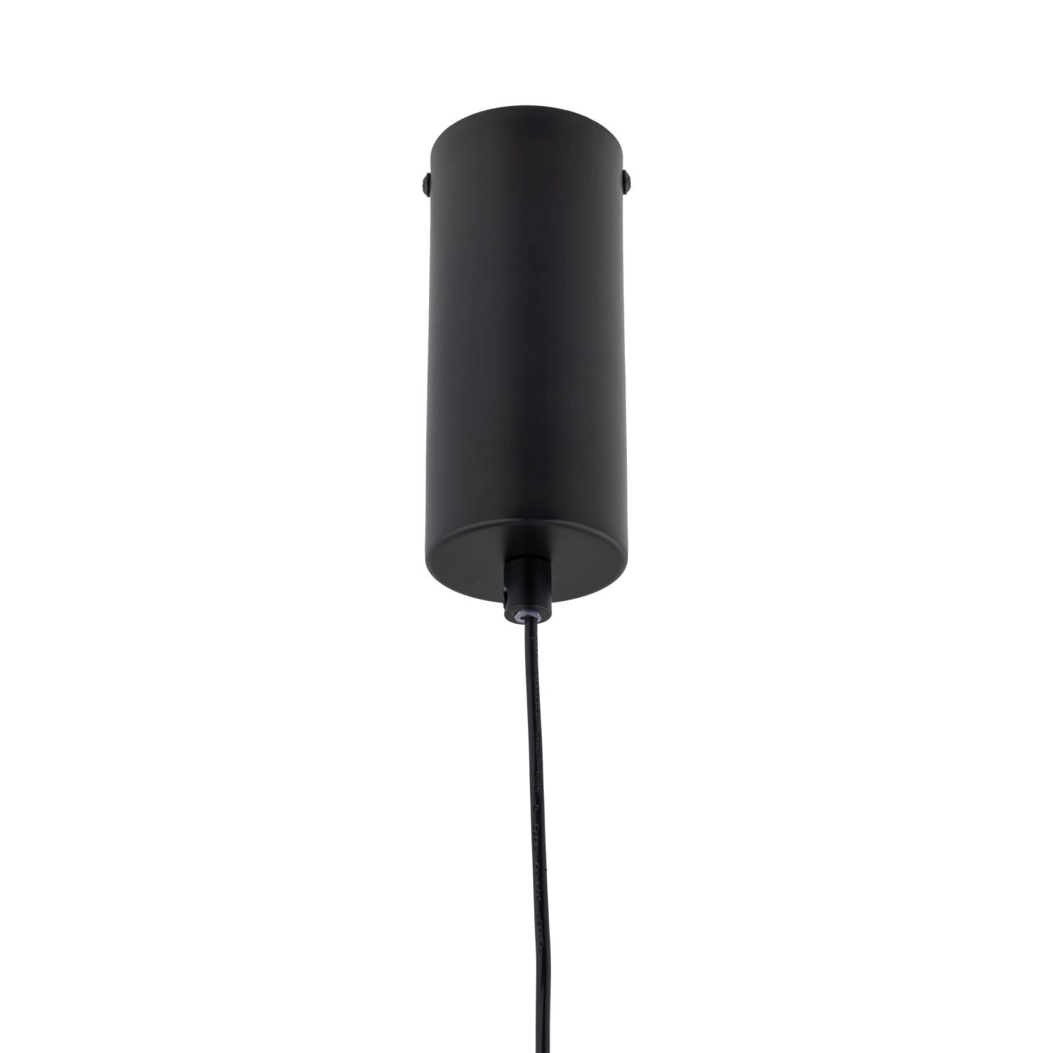 Czarna, cylindryczna lampa wisząca z przewodem wychodzącym z dolnej części. Lampa ma nowoczesny design i możliwość regulacji wysokości.
