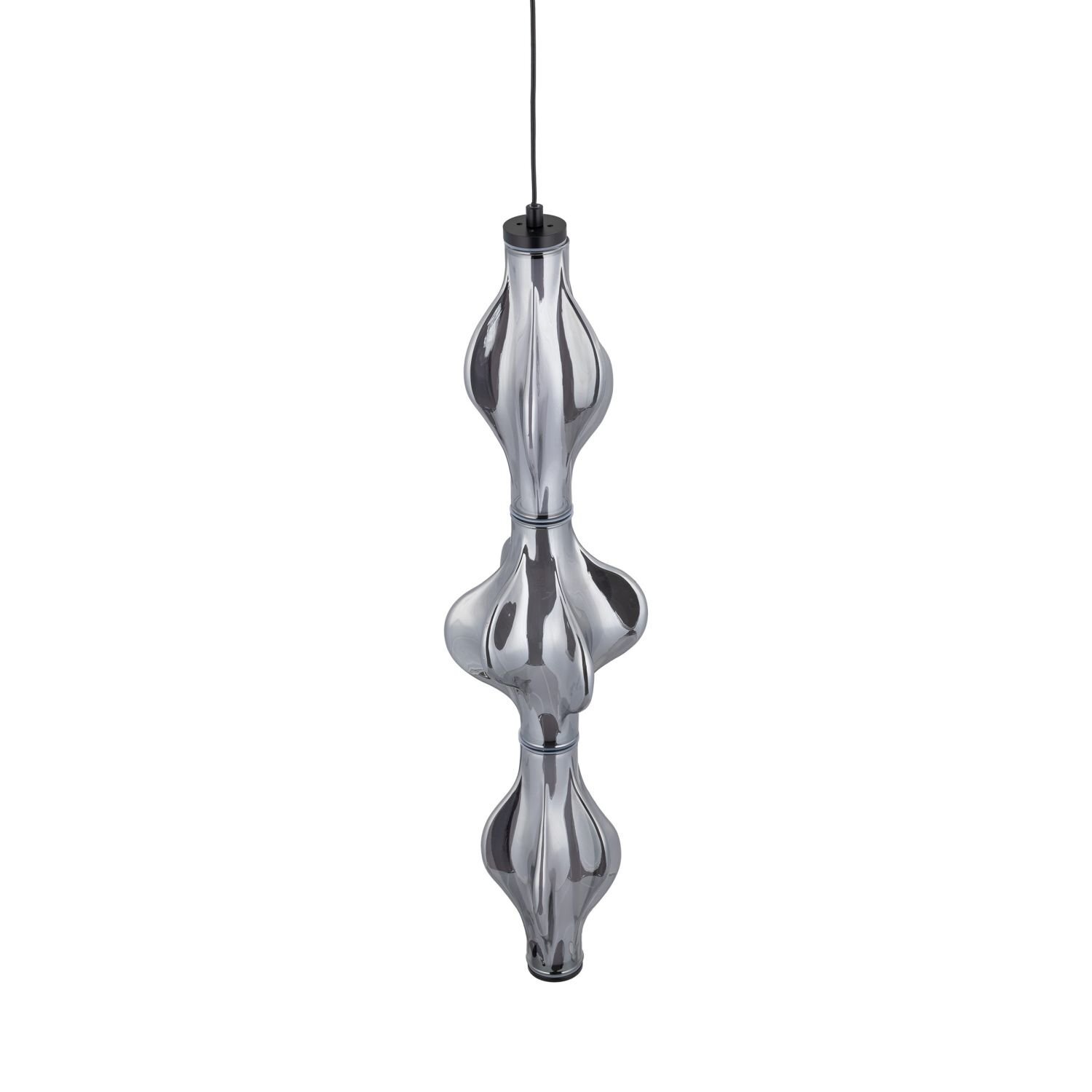 Nowoczesna lampa wisząca o czarnym, błyszczącym wykończeniu z regulacją wysokości. Posiada unikalny, falisty kształt z metalicznym połyskiem.