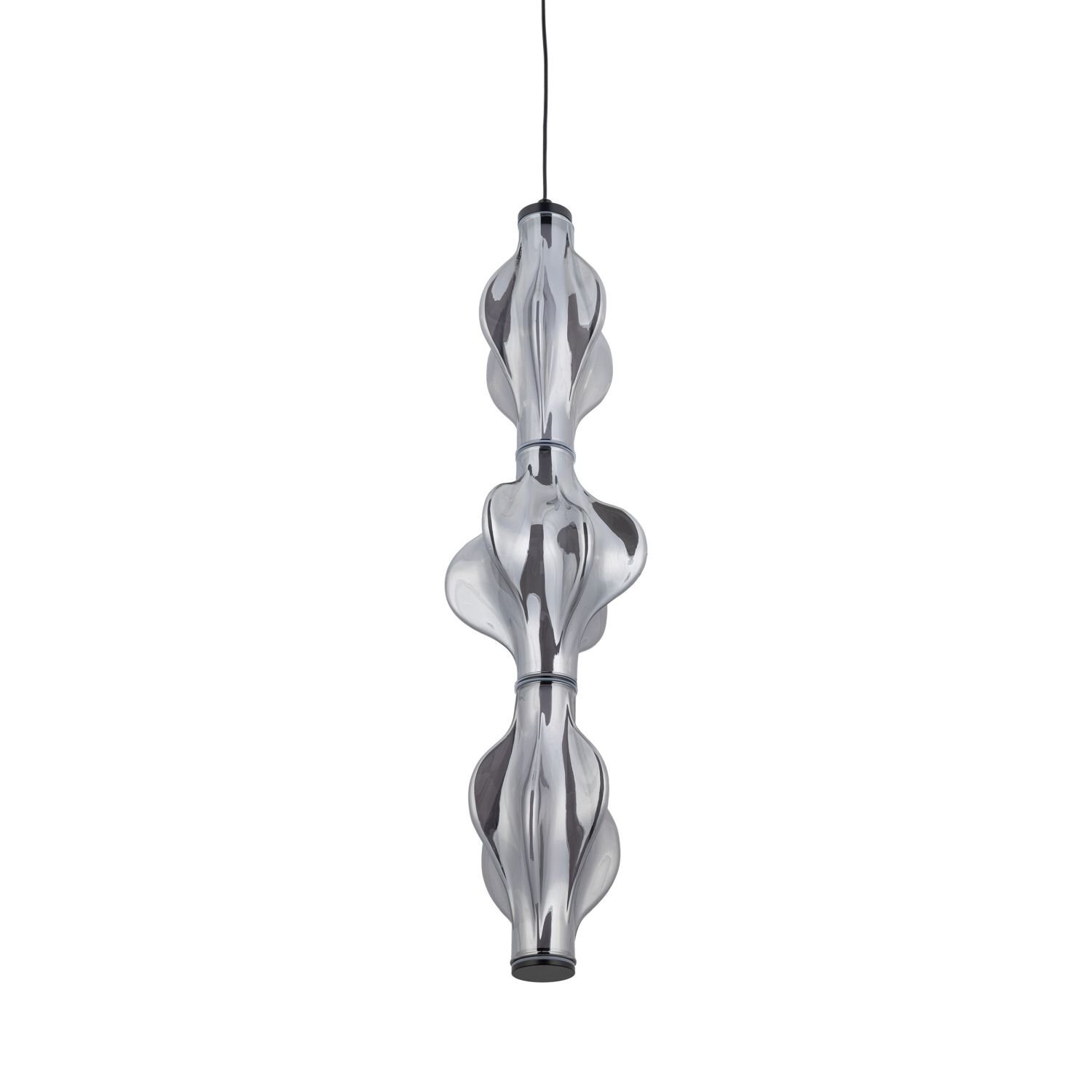 Nowoczesna lampa wisząca o czarnym kolorze z regulacją wysokości, składająca się z kilku połączonych ze sobą elementów o falistym kształcie. Lampa ma metaliczny połysk i jest zawieszona na cienkim przewodzie.