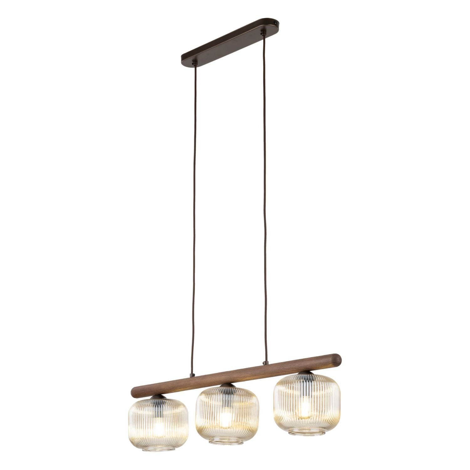Lampa wisząca z trzema szklanymi kloszami o żebrowanej strukturze, zawieszona na dwóch ciemnych przewodach. Klosze są zamocowane na drewnianej belce, a całość ma nowoczesny design.