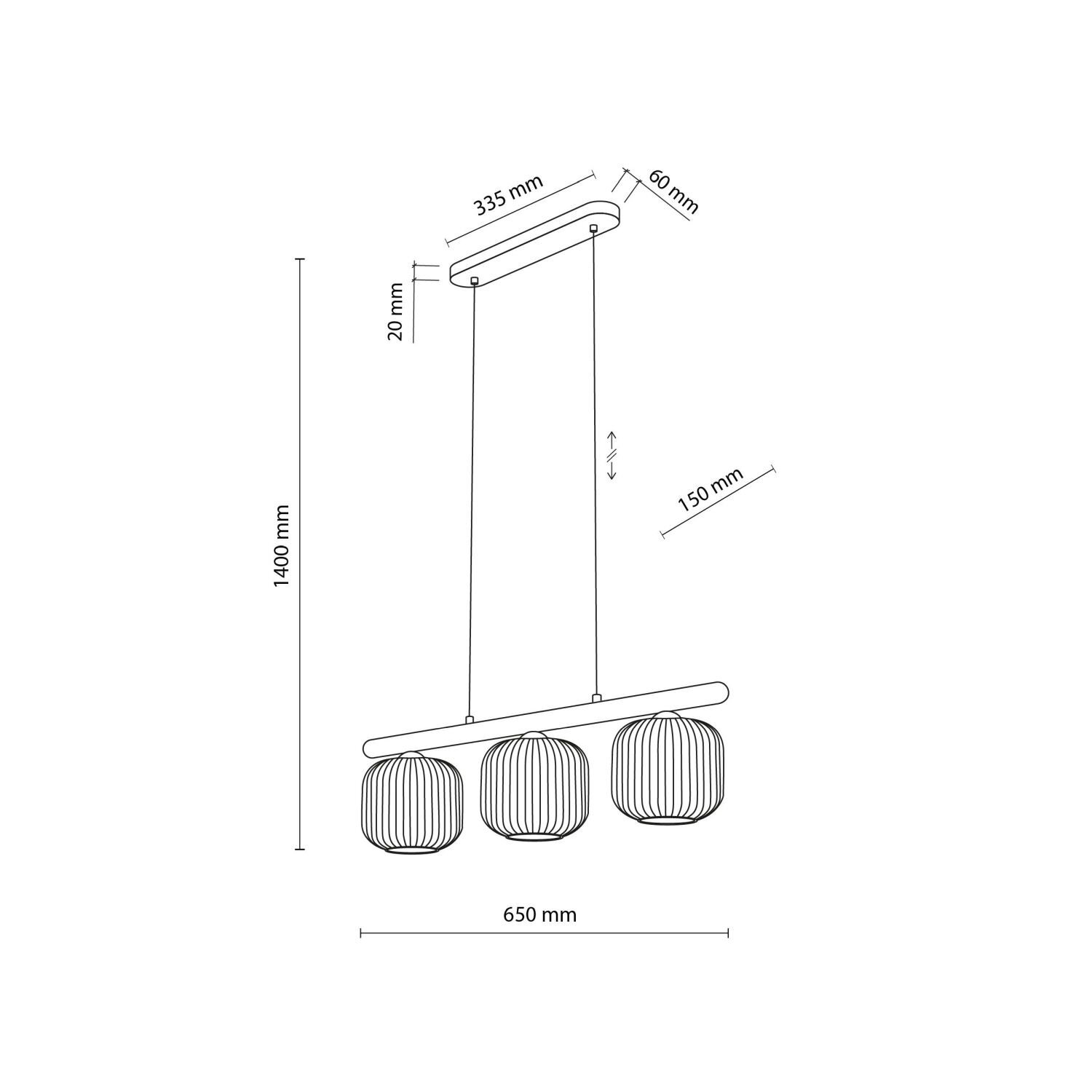 Schemat lampy wiszącej z trzema kloszami, z wymiarami: 1400 mm wysokości, 650 mm szerokości, 335 mm długości podstawy, 60 mm szerokości podstawy, 20 mm wysokości podstawy i 150 mm odstępu między kloszami.