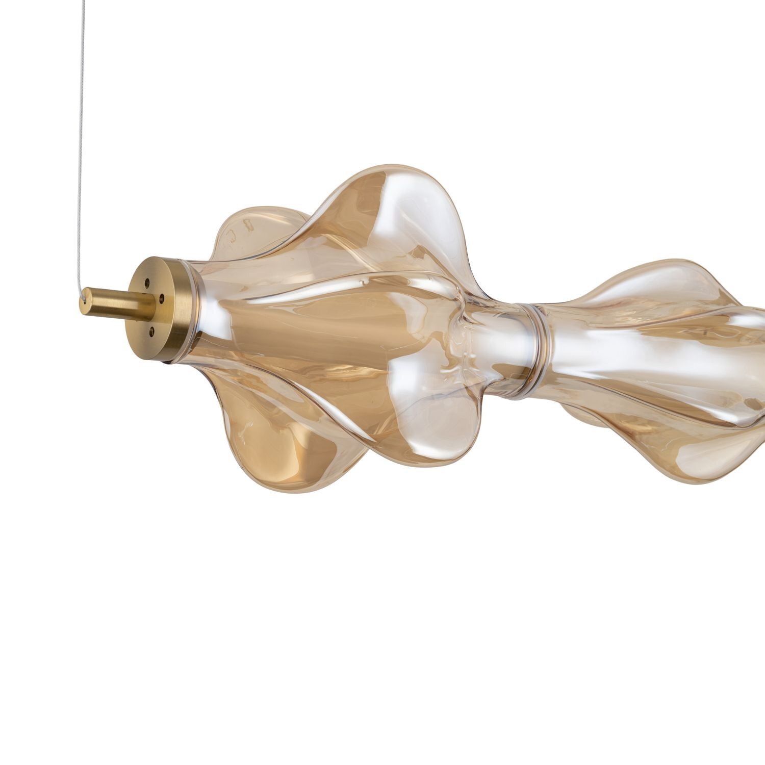 Lampa wisząca LED o nowoczesnym designie, wykonana z mosiądzu z przezroczystym kloszem o falistym kształcie. Elementy metalowe mają złoty kolor.