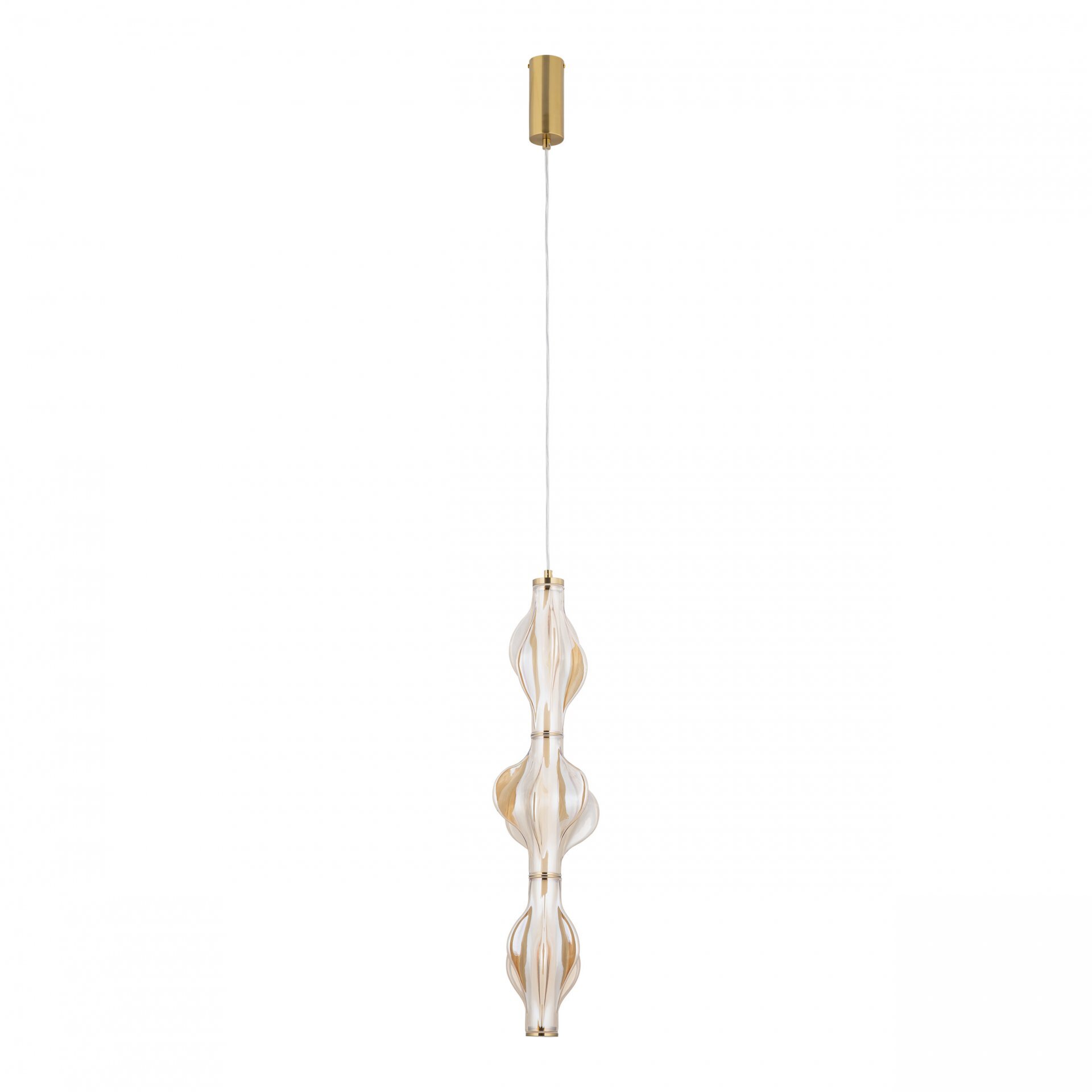 Lampa wisząca LED o nowoczesnym designie, wykonana z mosiądzu z przezroczystymi elementami dekoracyjnymi. Posiada regulowaną wysokość i jest zawieszona na cienkim przewodzie.