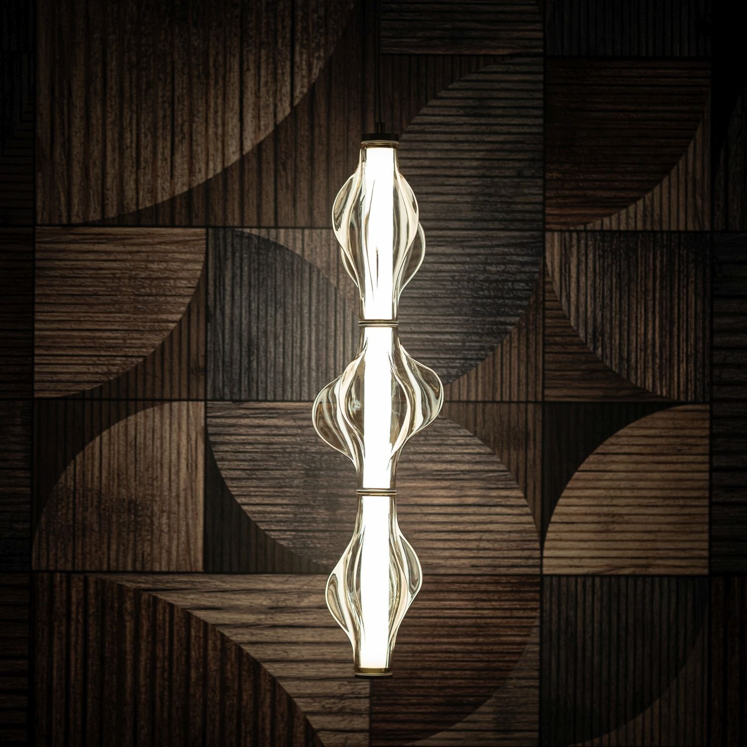 Lampa wisząca LED o nowoczesnym designie z mosiężnymi elementami i szklanymi kloszami, emitująca ciepłe światło. Tło stanowi dekoracyjna ściana z drewnianymi panelami o geometrycznych wzorach.