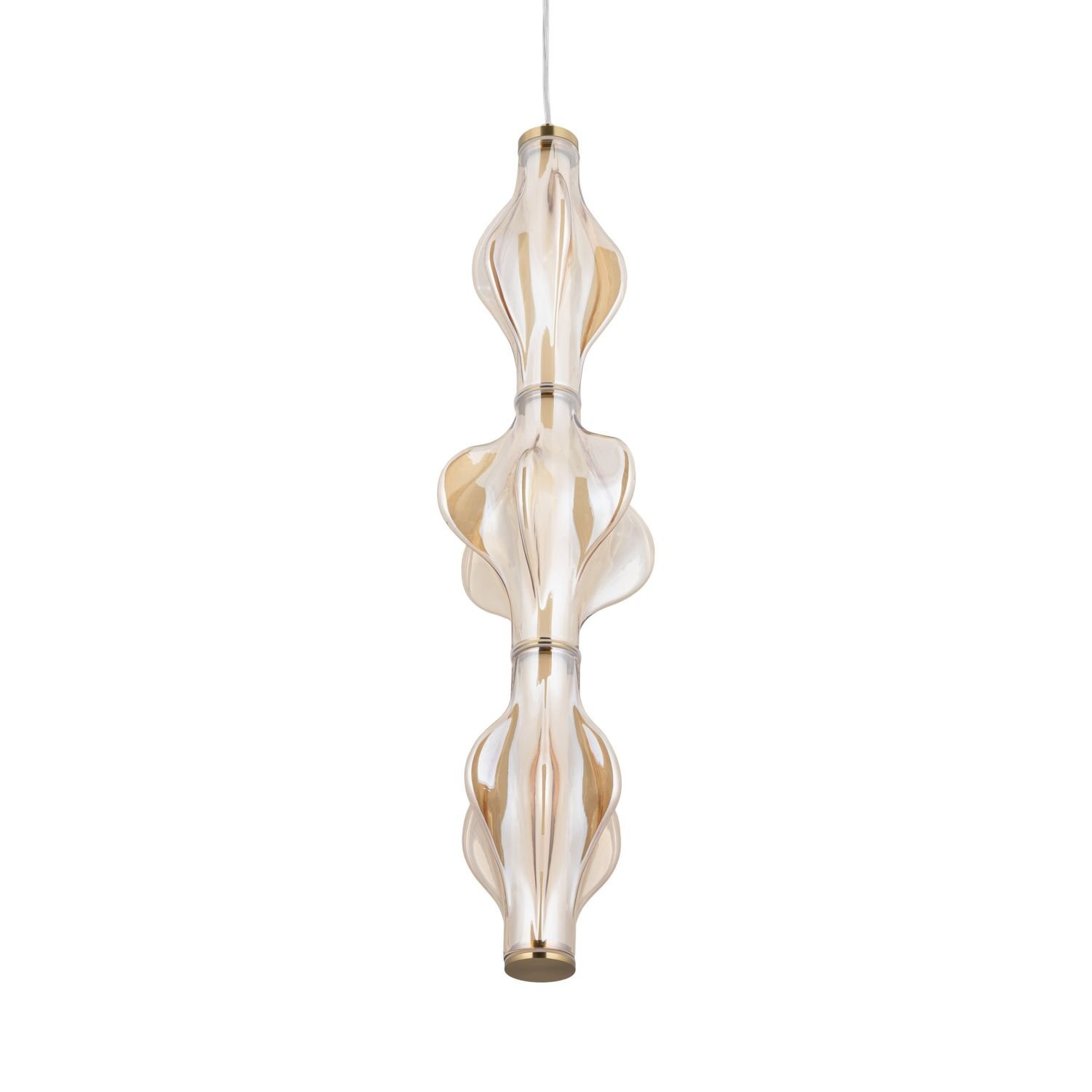 Lampa wisząca o nowoczesnym designie, wykonana z przezroczystego materiału z mosiężnymi akcentami. Posiada faliste kształty i jest zawieszona na cienkim przewodzie.