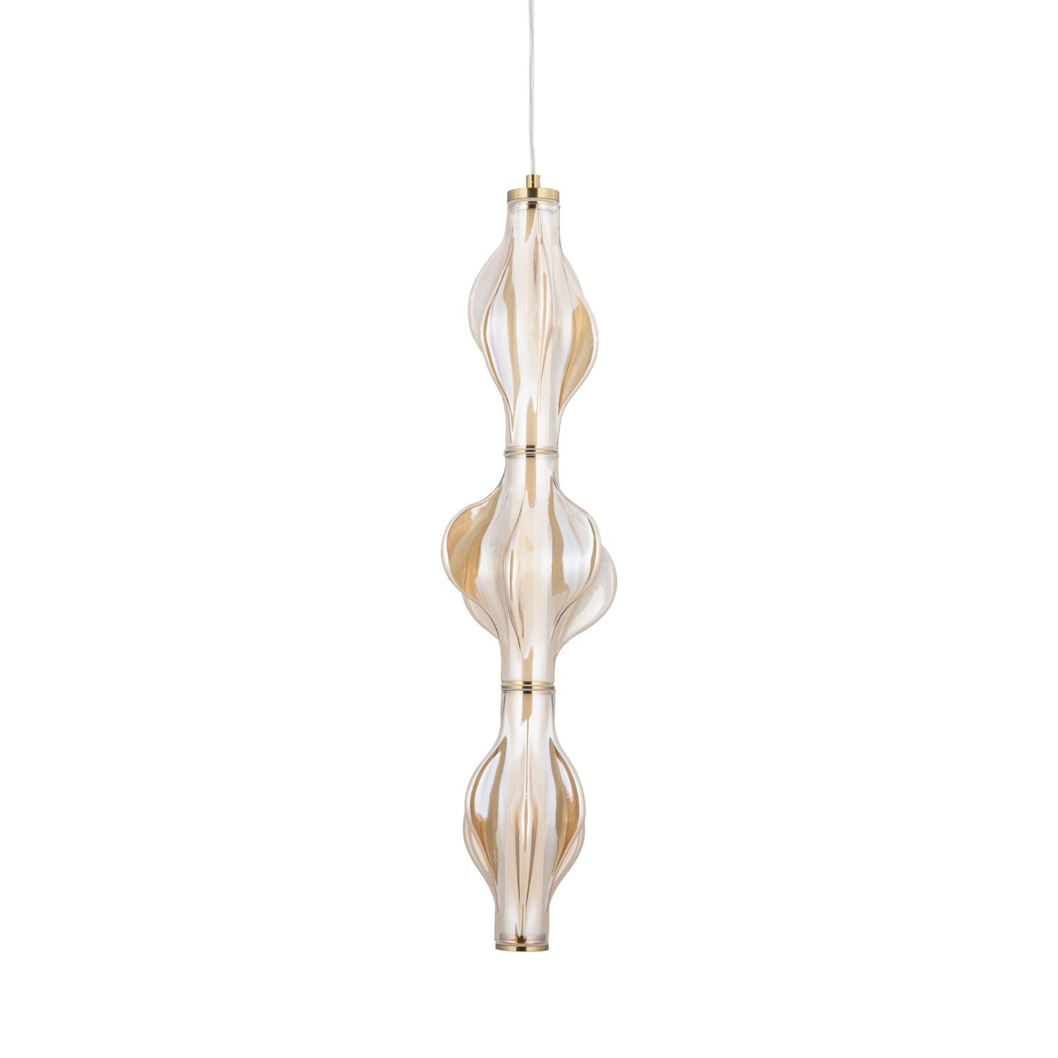 Lampa wisząca LED o nowoczesnym designie, wykonana z mosiądzu z przezroczystymi elementami. Posiada regulowaną wysokość i emituje ciepłe światło.