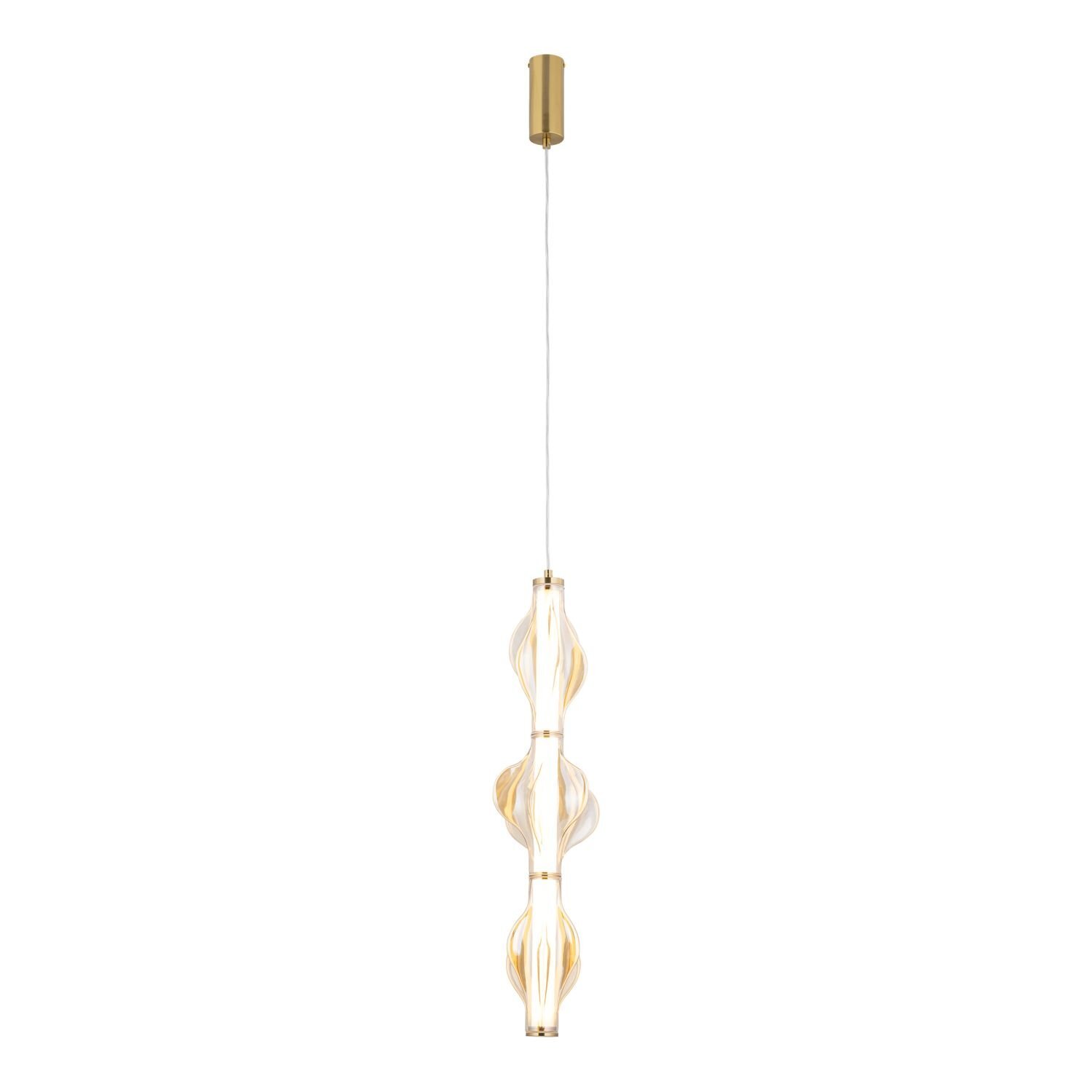Lampa wisząca LED z mosiężnym wykończeniem, składająca się z trzech dekoracyjnych elementów w kształcie fali, zawieszona na cienkim przewodzie. Górna część lampy to prosty, cylindryczny uchwyt sufitowy w kolorze mosiądzu.