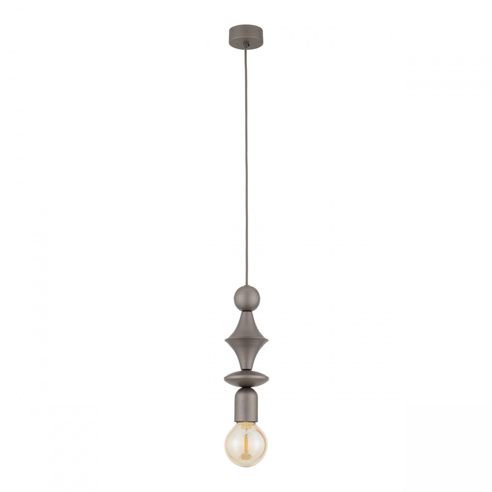 Lampa wisząca z brązowej stali z ozdobnym elementem nad żarówką. Posiada regulację wysokości i prosty, nowoczesny design.