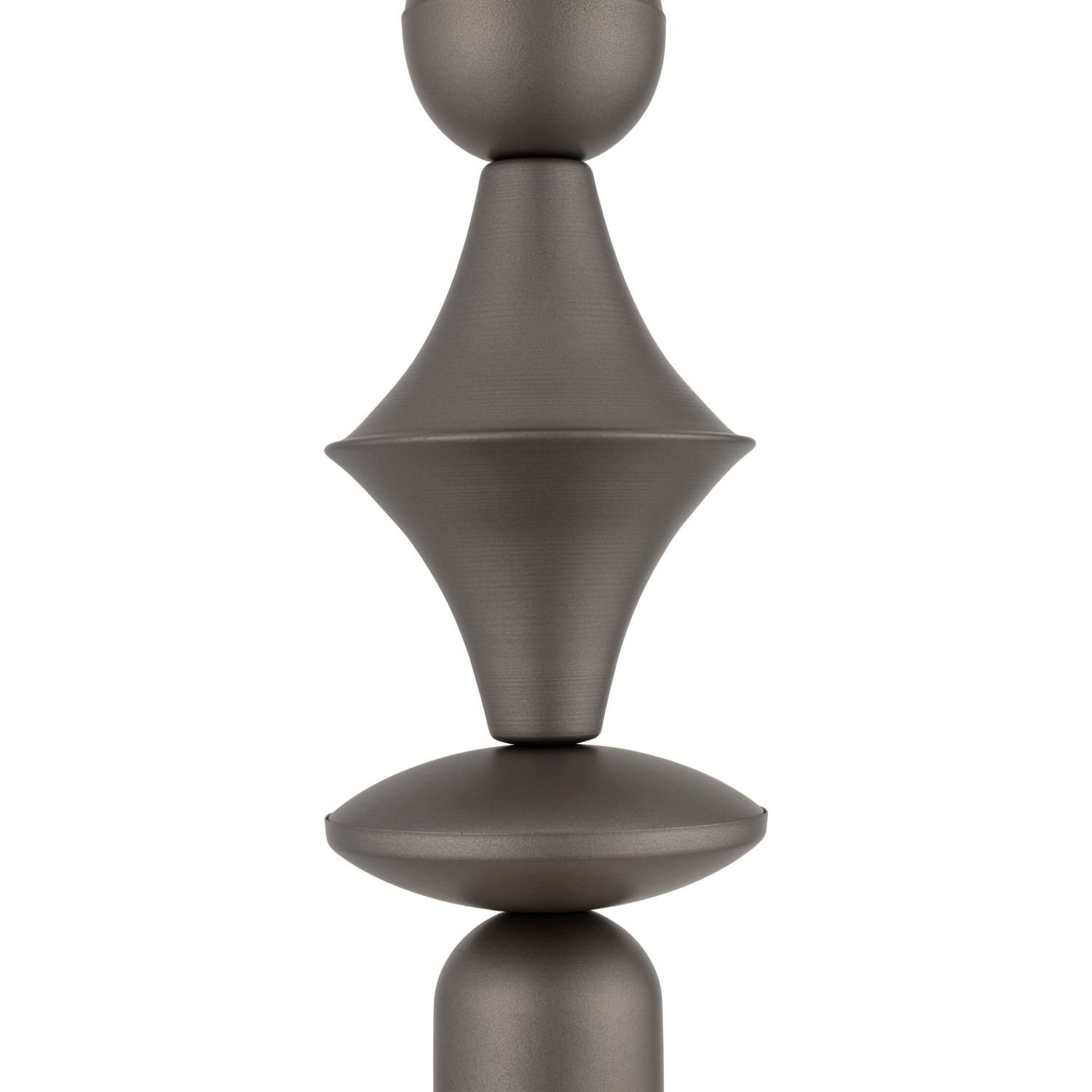 Fragment lampy wiszącej w kolorze brązowym, wykonanej z metalu, o geometrycznych kształtach.