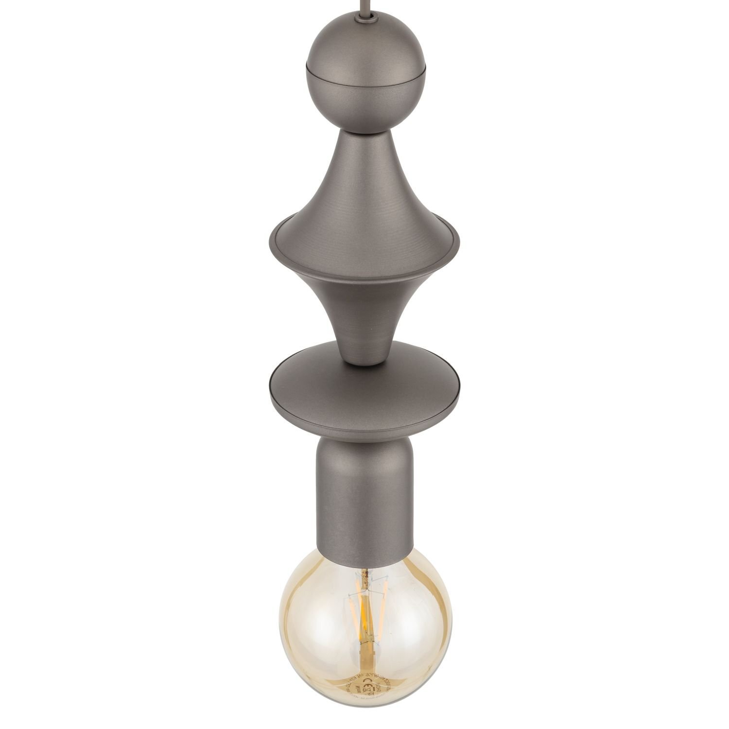 Lampa wisząca w kolorze brązowym z ozdobnym, metalowym korpusem i widoczną żarówką E27. Konstrukcja lampy jest nowoczesna, z możliwością regulacji wysokości.