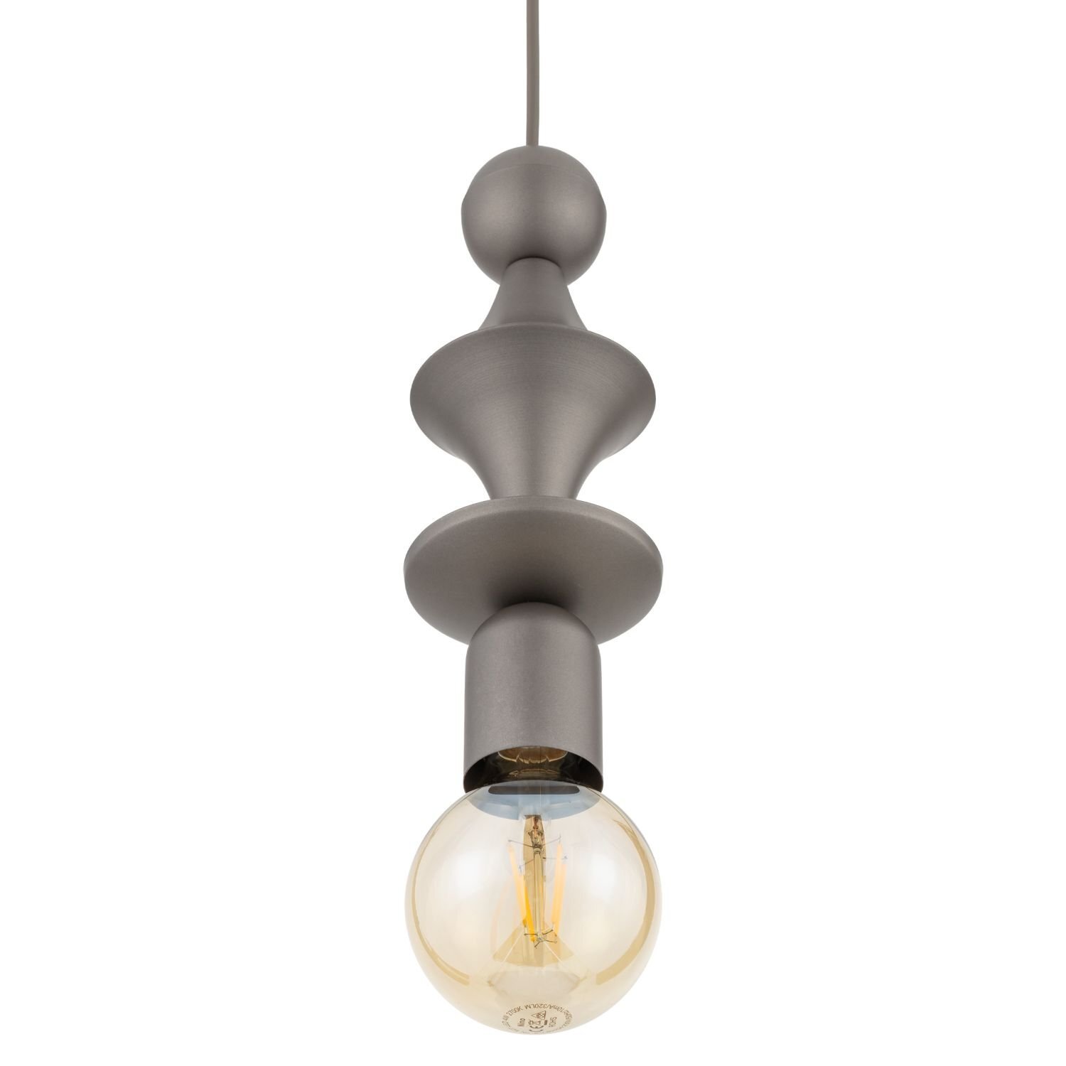 Lampa wisząca w kolorze brązowym z ozdobnym, geometrycznym kształtem. Posiada widoczną żarówkę z przezroczystym kloszem.