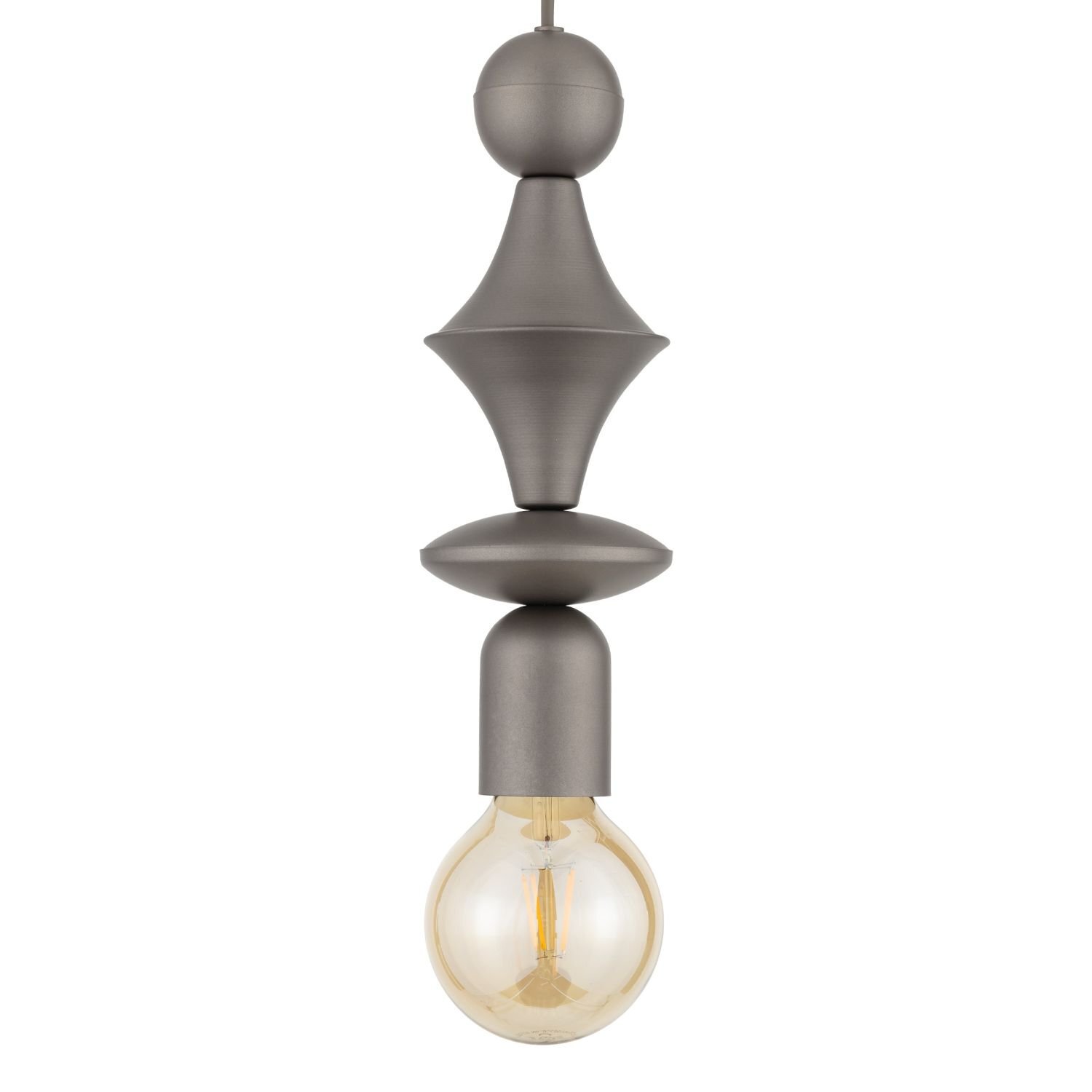 Lampa wisząca z brązowej stali o nowoczesnym designie, z widoczną żarówką E27. Konstrukcja składa się z kilku geometrycznych elementów ułożonych pionowo.