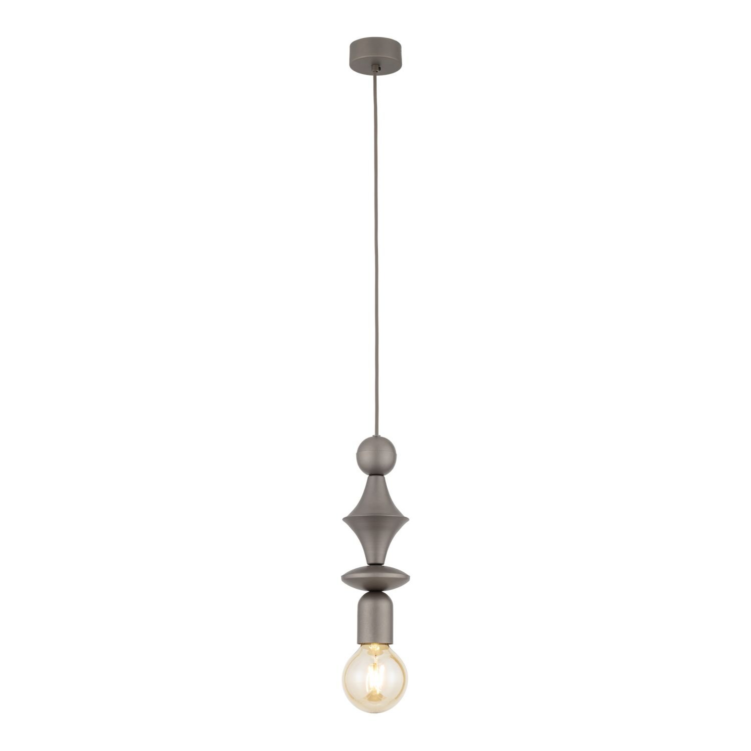 Lampa wisząca z brązowej stali z ozdobnym elementem w kształcie wieży i widoczną żarówką. Lampa jest zawieszona na cienkim przewodzie z okrągłą podsufitką.